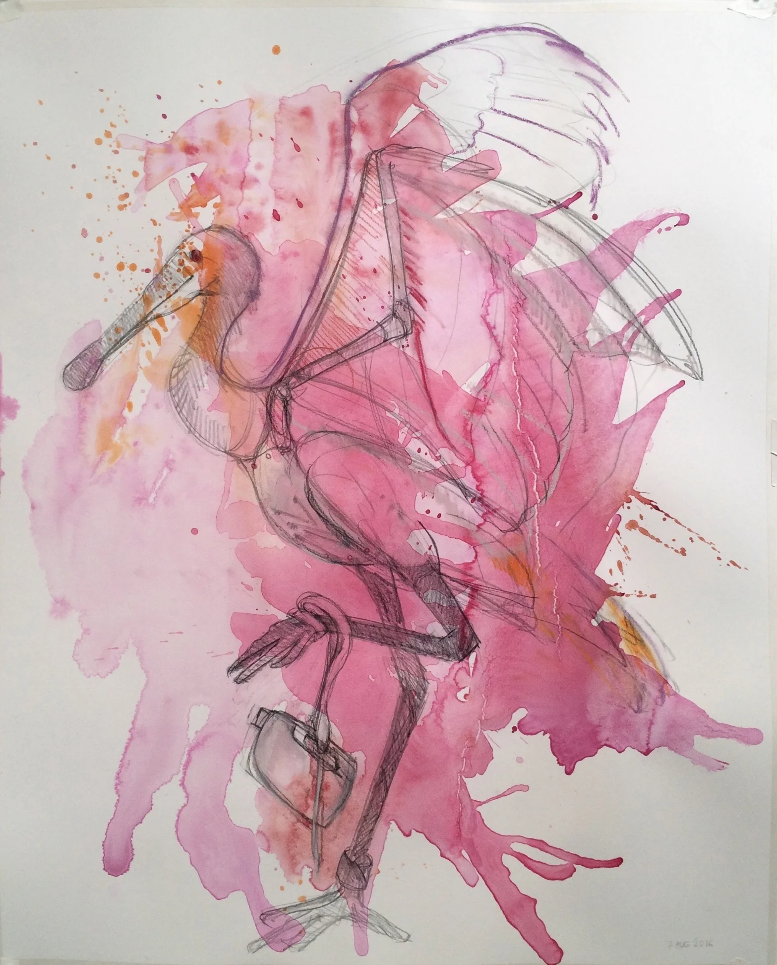 Spoonbill 2 , 2016. 37.5”h x 30.5 w inches. Watercolor, graphite, pastel pencil on Stonehenge paper. I have been invited to mount a solo installation at the International Museum of Art and Science in McAllen, TX, in November 2017. There are several aspects about the museum’s location that excite me. McAllen borders Mexico on the Rio Grande. It also lies on the Avian Central Flyway Corridor. Both of these factors inspire me to create an installation that features 7 life-size sculptures of roseate spoonbills, and that considers both avian and human migration through the use of found materials and interactivity.