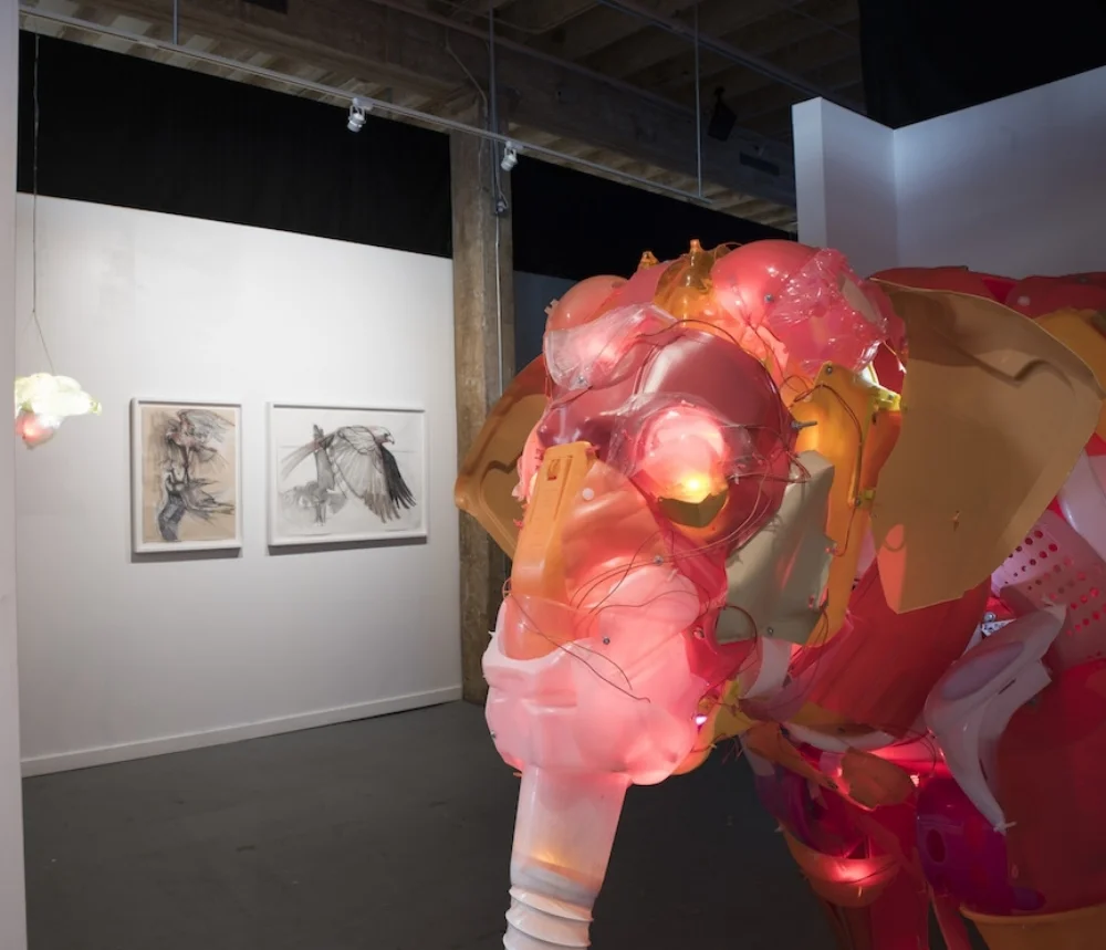   Installation View at The Animal Museum, Los Angeles, CA. Foreground:   &nbsp;Unsustainable Creatures: Elephant (detail)  Post-consumer plastics, PVC, LEDs, hardware. 80 x 115 x 52 inches. 2013. photo credit: Lawrence Pierce        