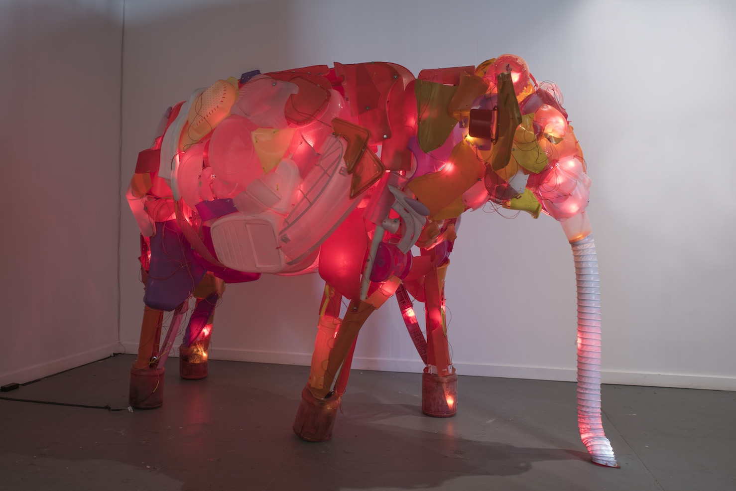 Unsustainable Creatures: Elephant. Post-consumer plastics, PVC, LEDs, hardware. 80 x 115 x 52 inches. 2013. photo credit: Lawrence Pierce