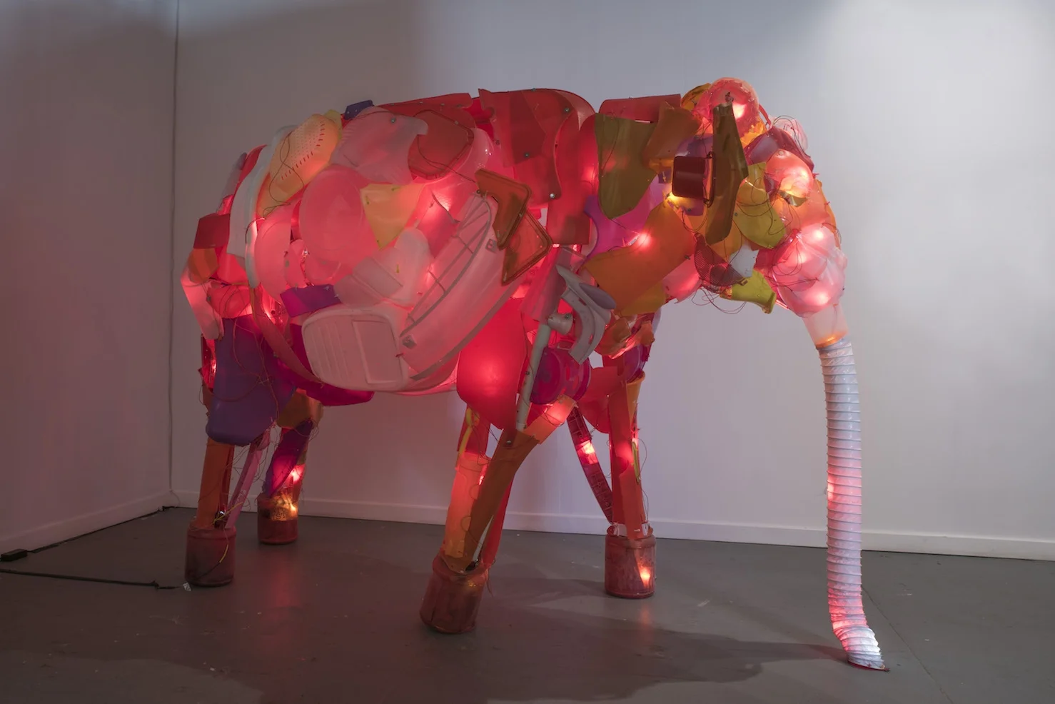   Unsustainable Creatures: Elephant.&nbsp;Post-consumer plastics, PVC, LEDs, hardware. 80 x 115 x 52 inches. 2013.&nbsp;photo credit: Lawrence Pierce  