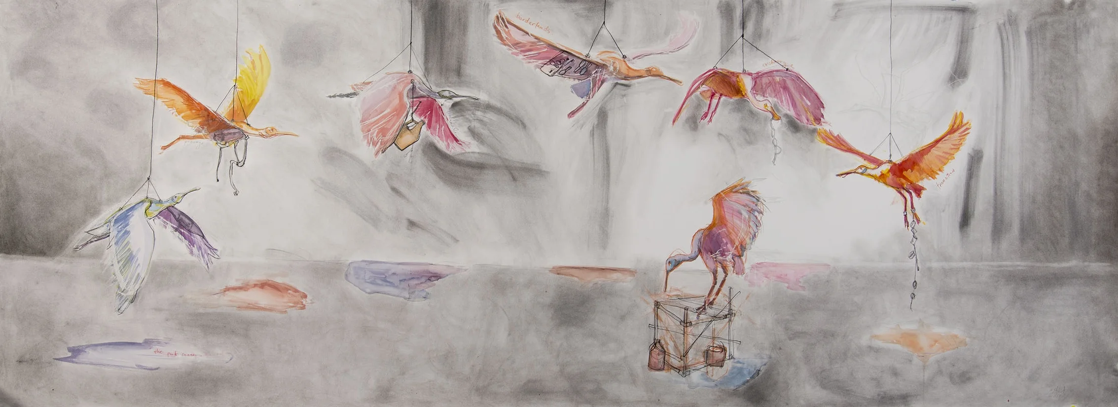   Migrations installation plan study , 2016 watercolor and charcoal on 100% rag 42 x 112 inches 