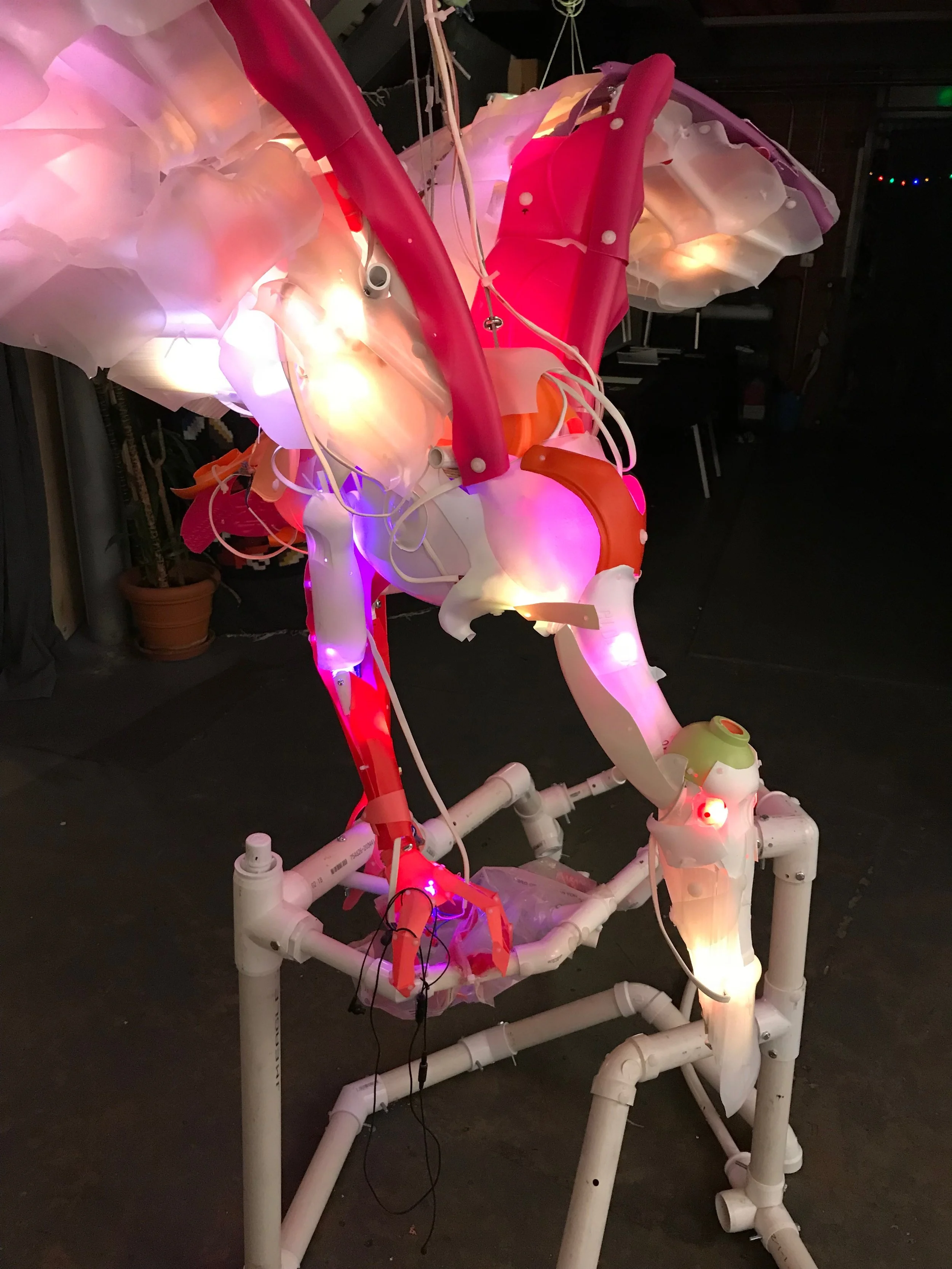 Spoonbill #5, (detail), 2017 Post- consumer plastic, PVC, wood, fasteners, programmable LEDs, motion sensor, speaker, found objects from Rio Grande borderlands, rope, cable . c. 70 x 60 x 38 inches