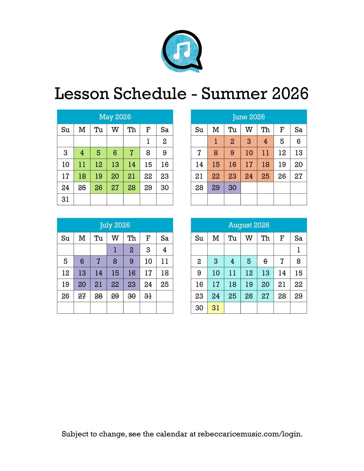 Lesson Schedule, summer 2026. Click the image for a pdf.
