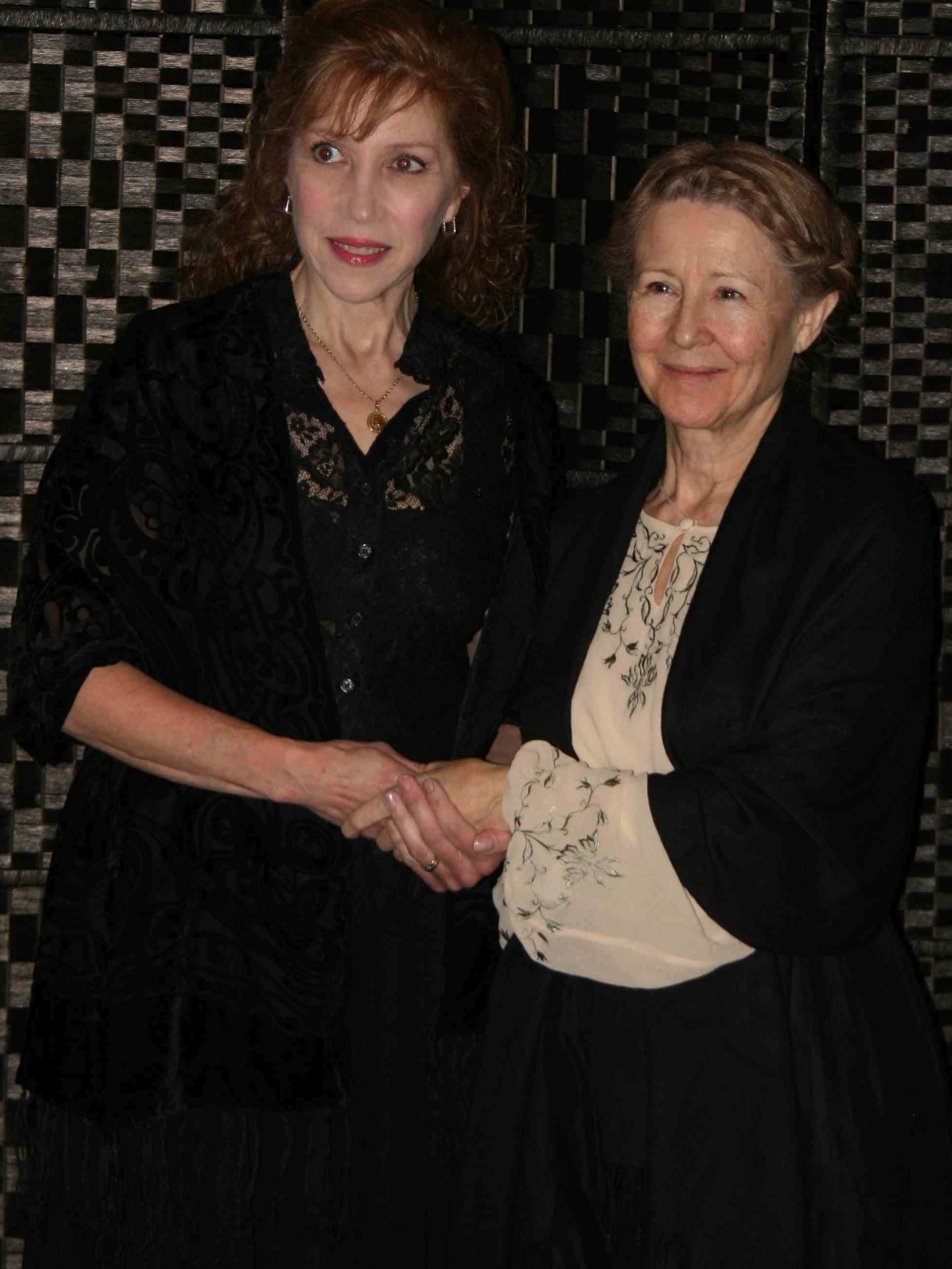 Mia Dillon (Rt.) as Old Judith and Emilie Roberts as Young Judith in "Judith Shakespeare Has Her Say," The National Arts Club, Dec. 15, 2014. Photo by Mark Graham.