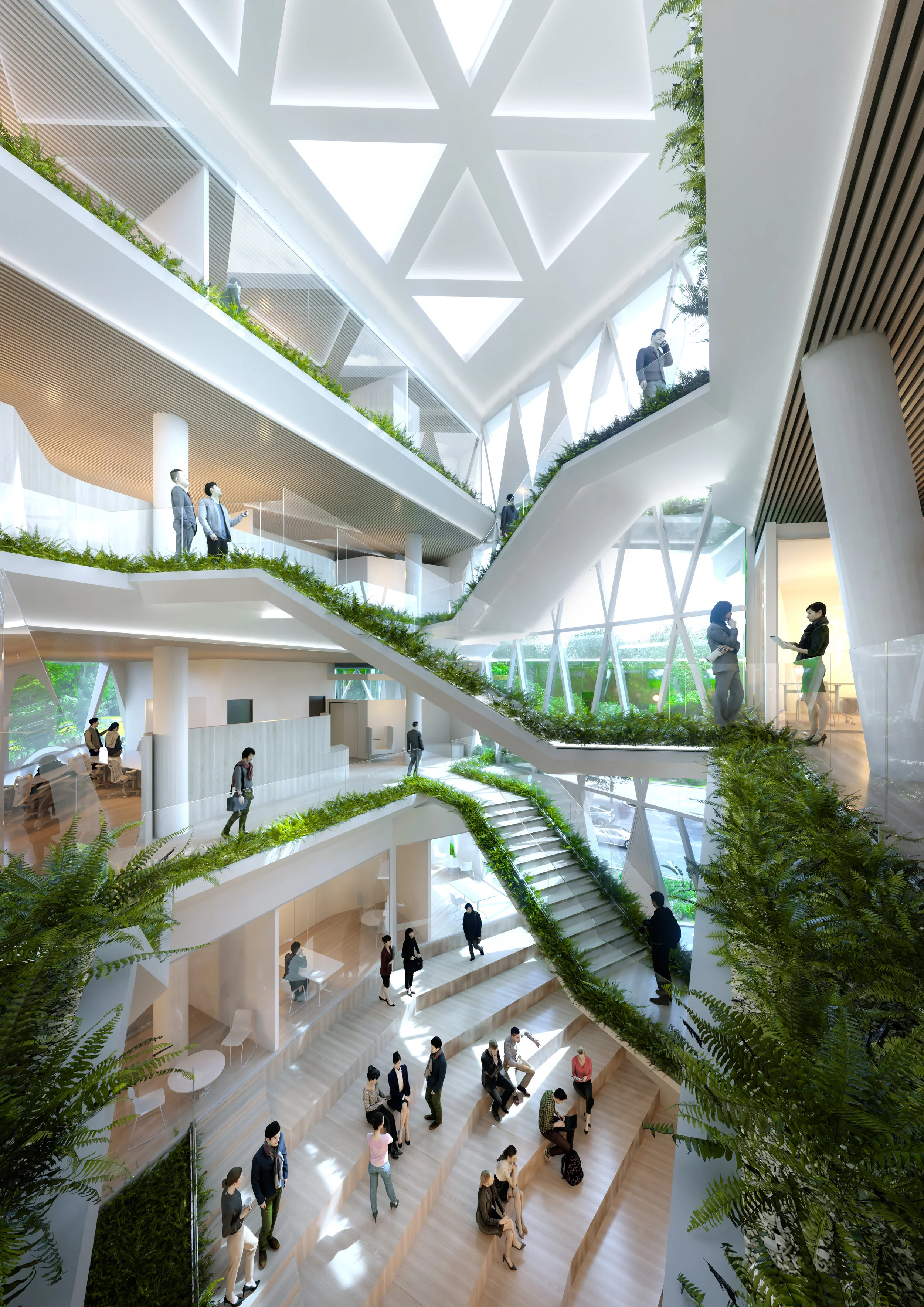 Interior view of a modern multi-level office building with open staircases, lots of natural light, greenery, and people walking, talking, and sitting.