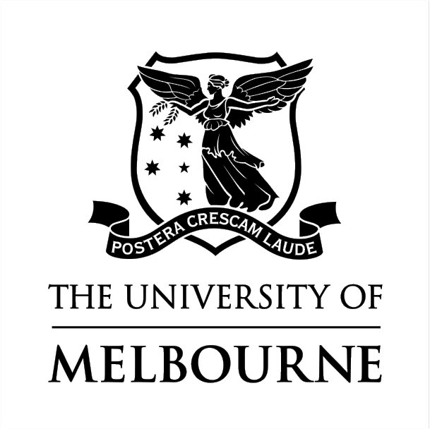 Black and white logo featuring a shield with a winged figure holding a torch, surrounded by stars, with a ribbon that reads 'Postera Crescam Laude' and the text 'The University of Melbourne' below.