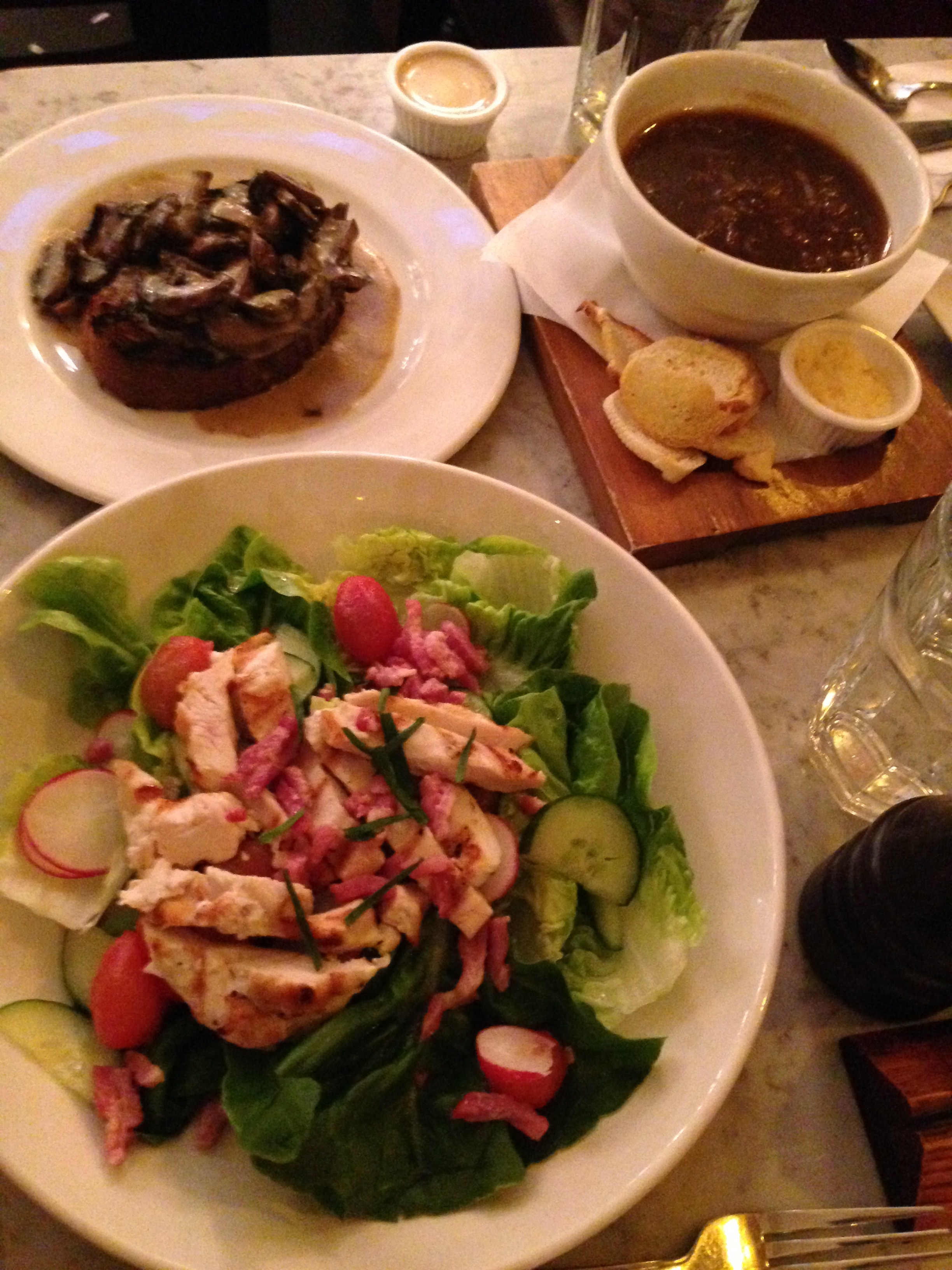  The chicken salad (again), with the mushroom toast and french onion soup.&nbsp; 