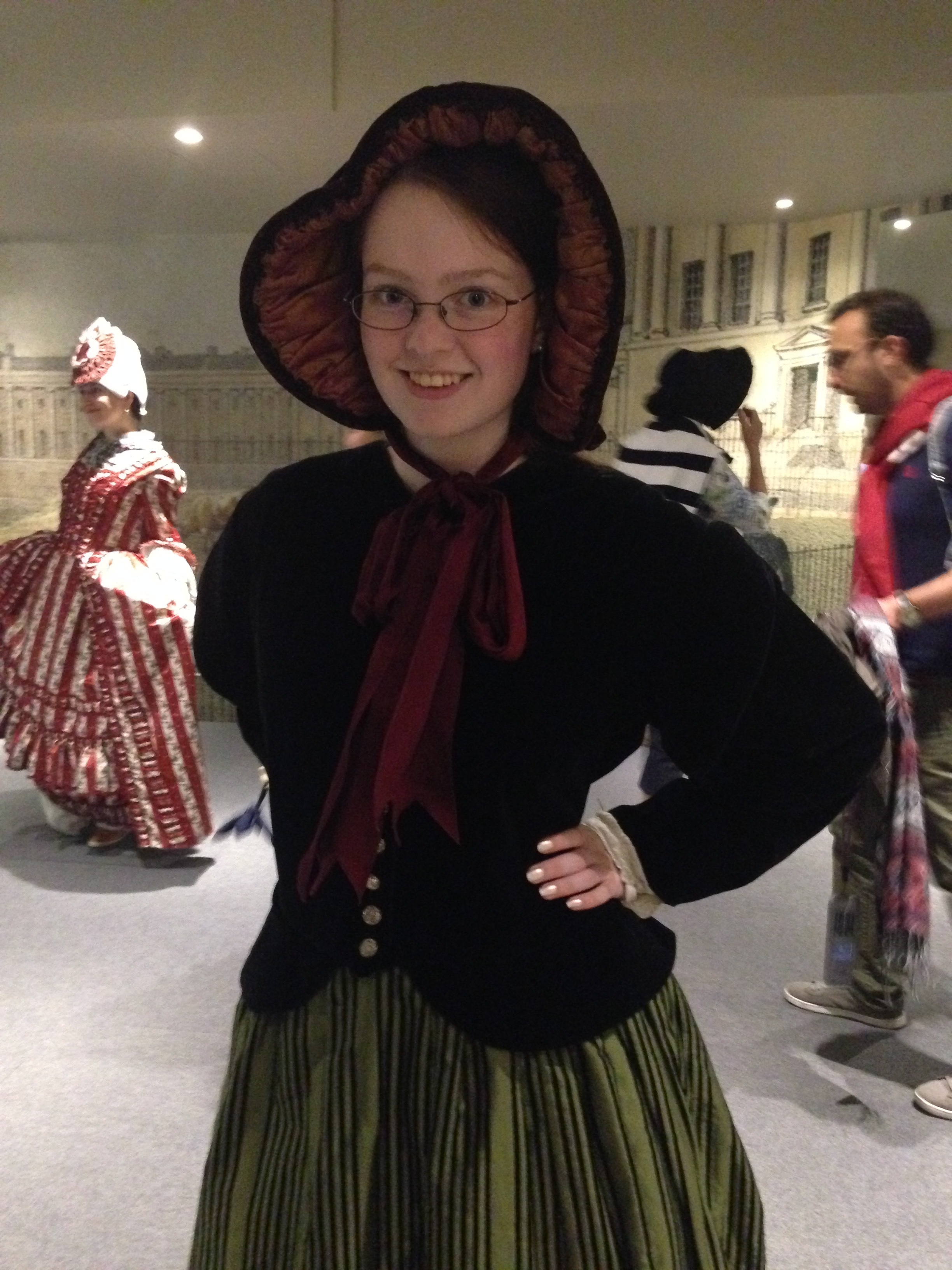  Me in some sort of 19th-century garb, with a bonnet. 