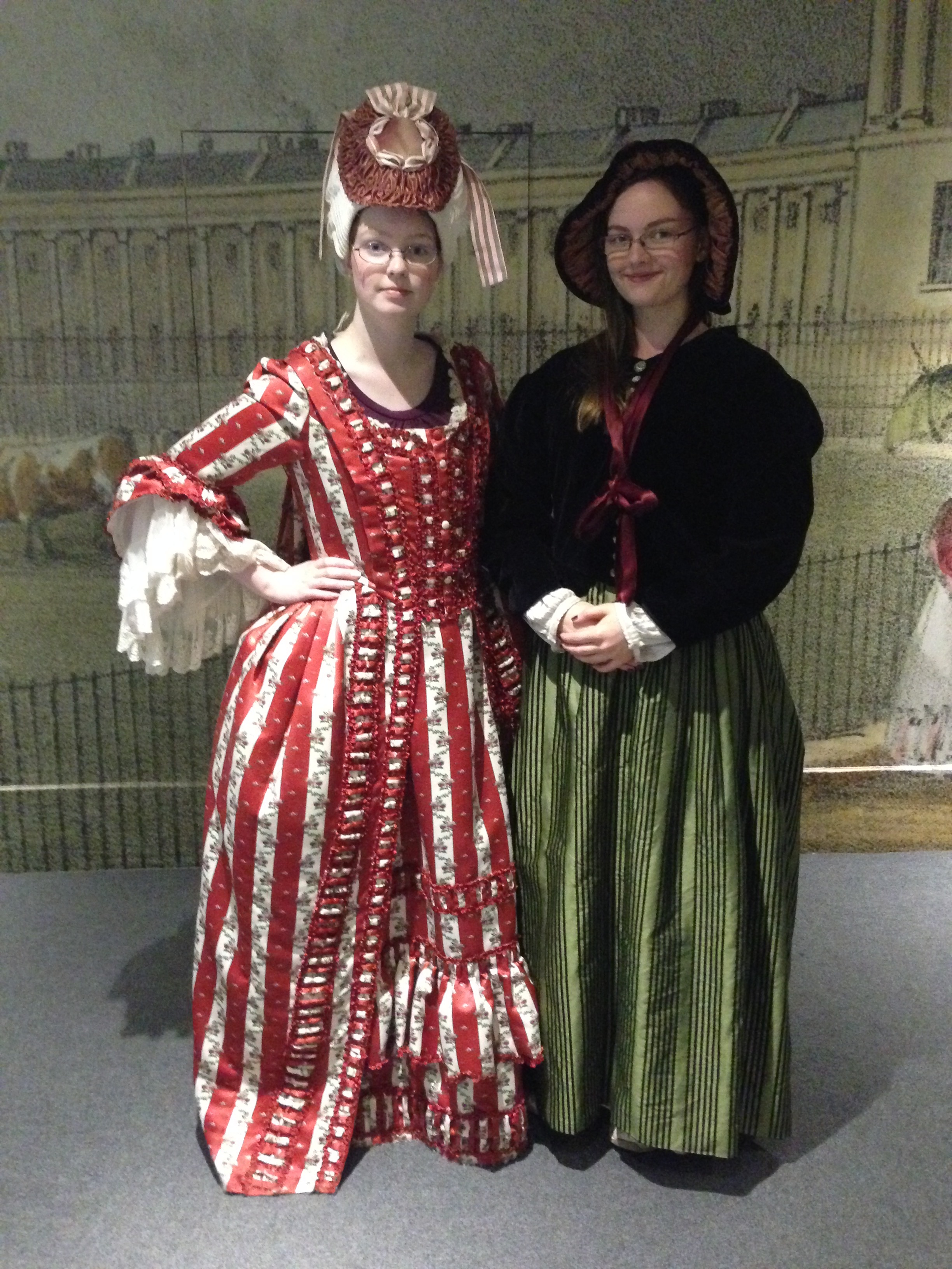  Me (left) in the 18th-century costume and wig, my sister (right) in a 19th-century dress and bonnet. 