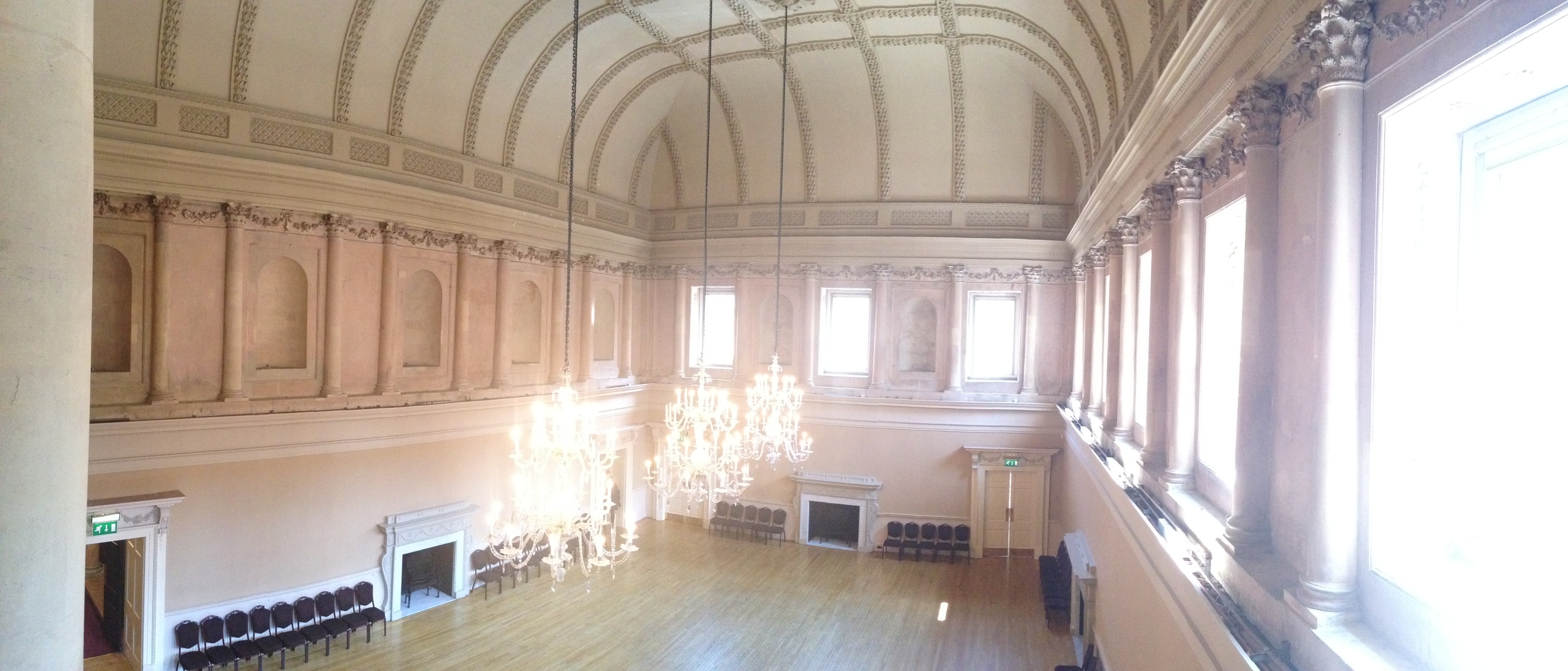  A nice shot of one of the biggest rooms. The upper pink part of the wall (the part with statues and alcoves) originally wasn't pink. Bombs fell on the building during WWII, and the resulting fire burned so hot it changed the stone.&nbsp; 