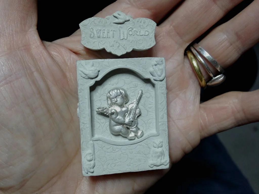 This will be one of two memento mori pendants for Brumfield Gallery's Narrative Jewelry Show in July
