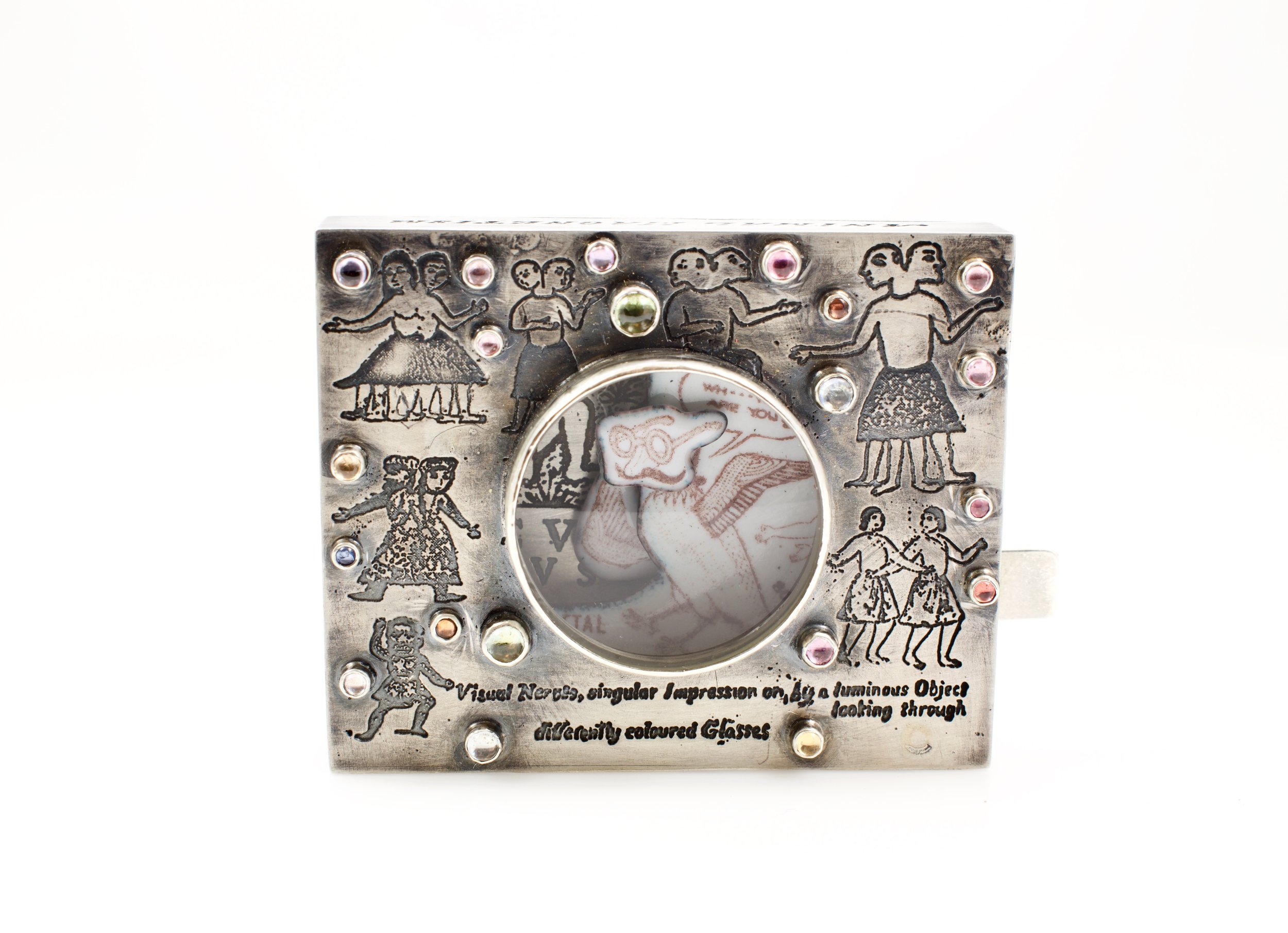    master of disguise spy camera   silver, copper, 24k, steel,  vitreous enamel, Madagascar sapphire  