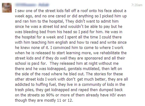 The actual Facebook message referenced in Chapter 1...far worse than what was portrayed in the book. Click to enlarge.