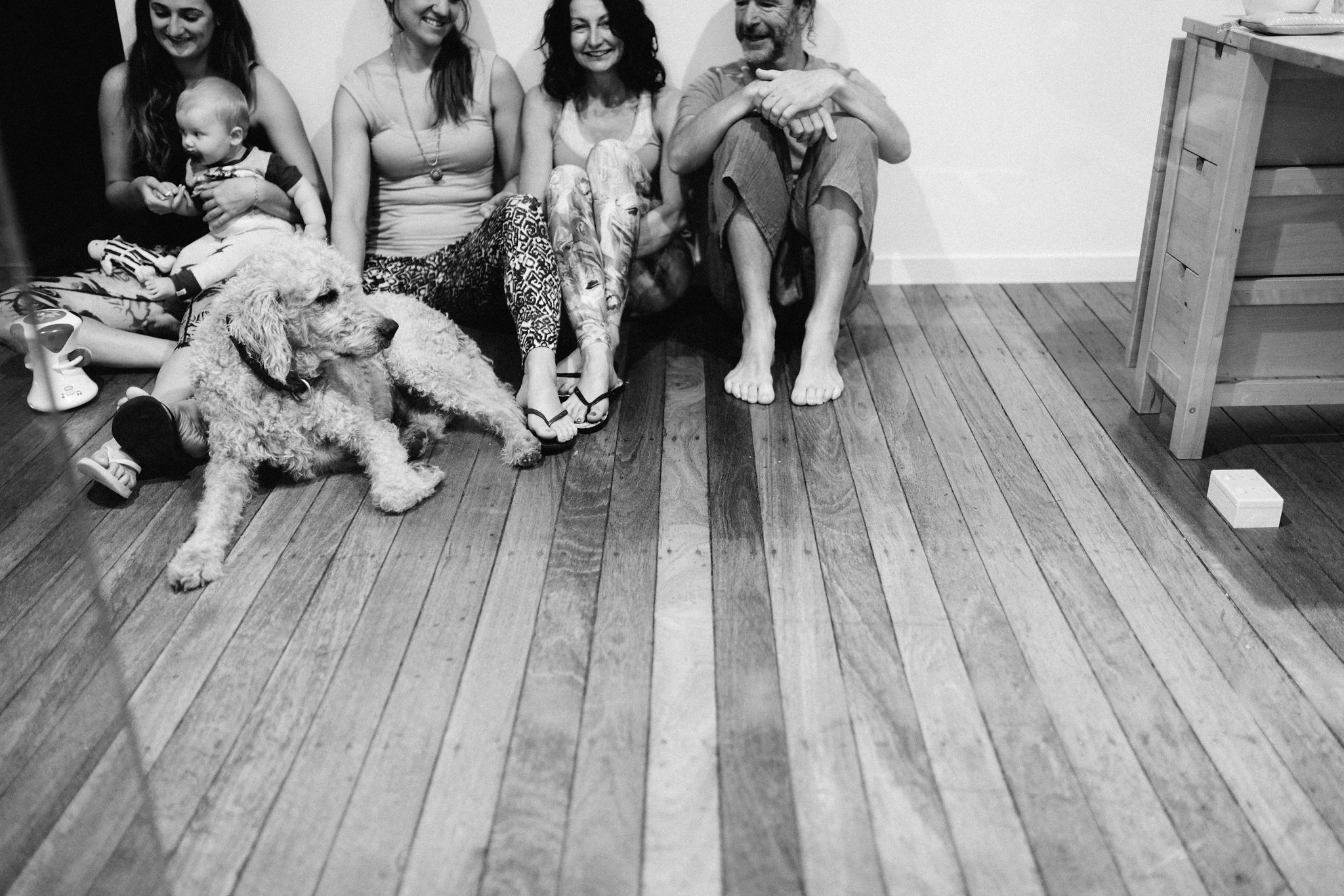 Messy human yogis hanging out with Benji