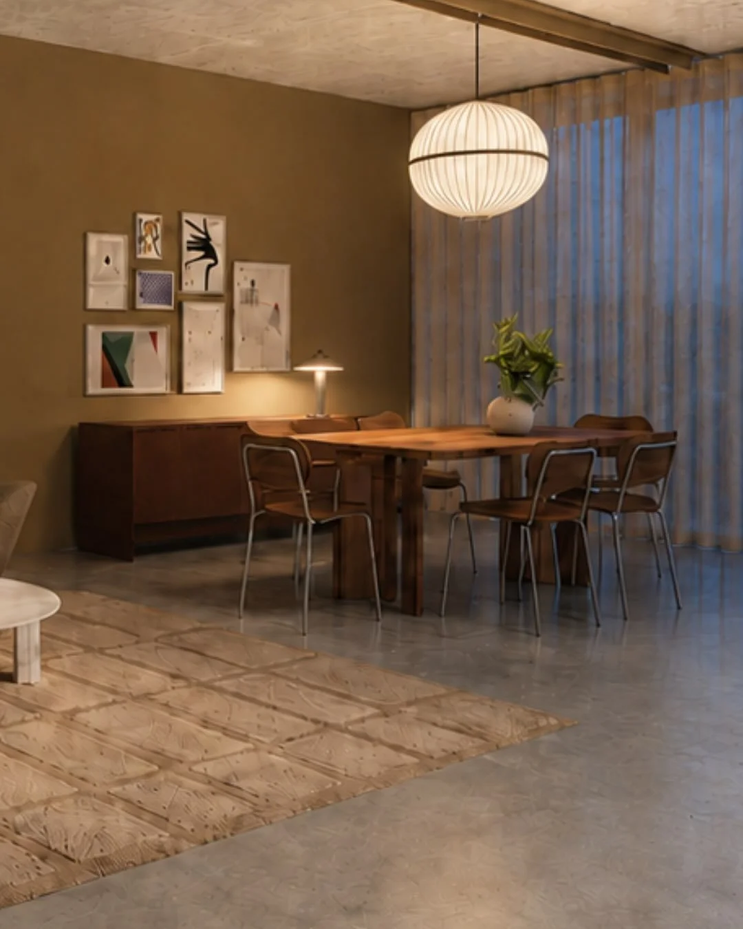 Sometimes a design detail comes directly from solving a practical constraint.

There was no electrical point positioned over the dining table and, with an existing concrete soffit, we had to work with the electrical points already available.

Rather 