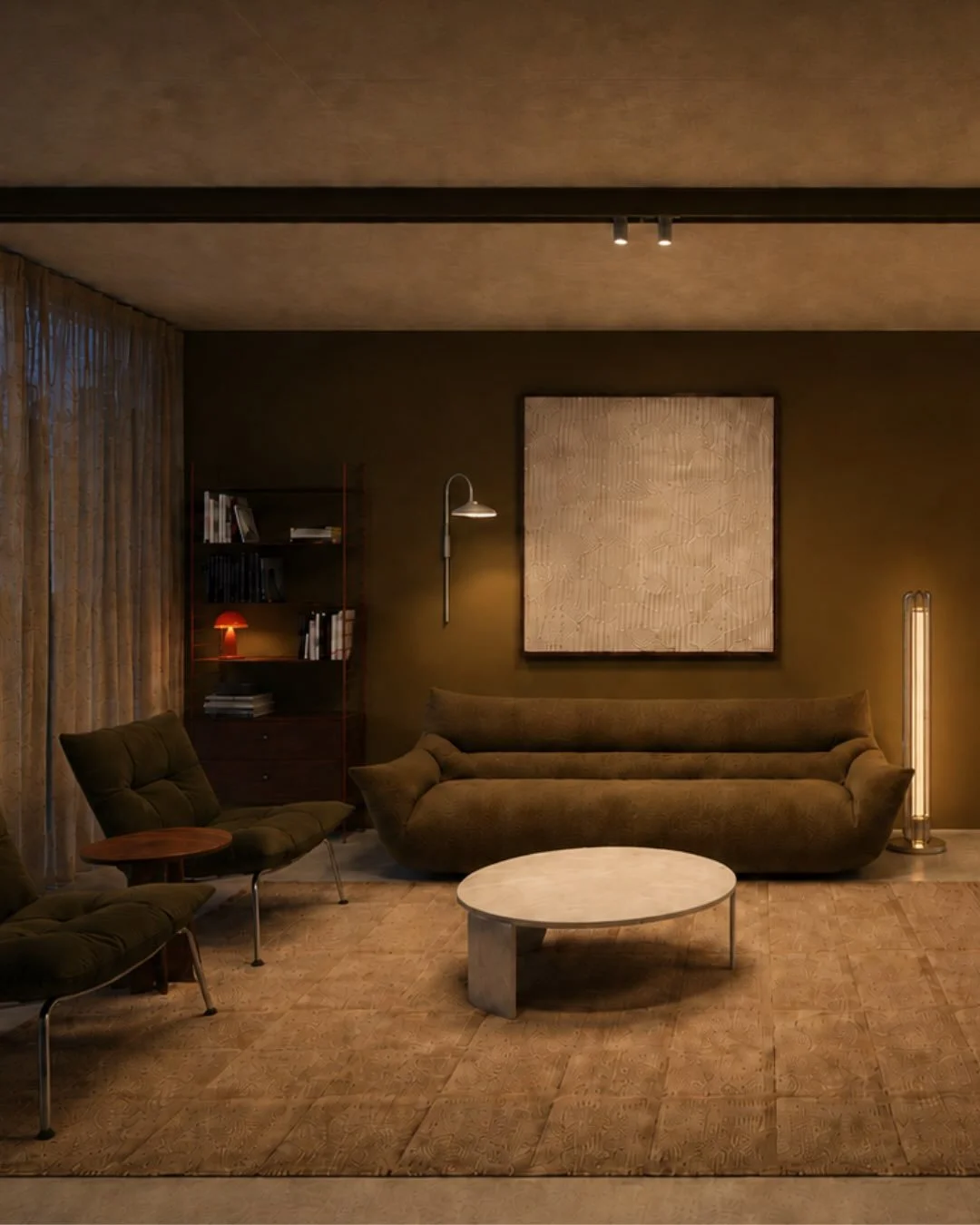 One of the biggest changes was also one of the simplest &mdash; painting the existing masonry wall.

Rather than trying to lighten the space, we went in the opposite direction with a deep ochre/tobacco tone. The darker colour helps the long wall visu