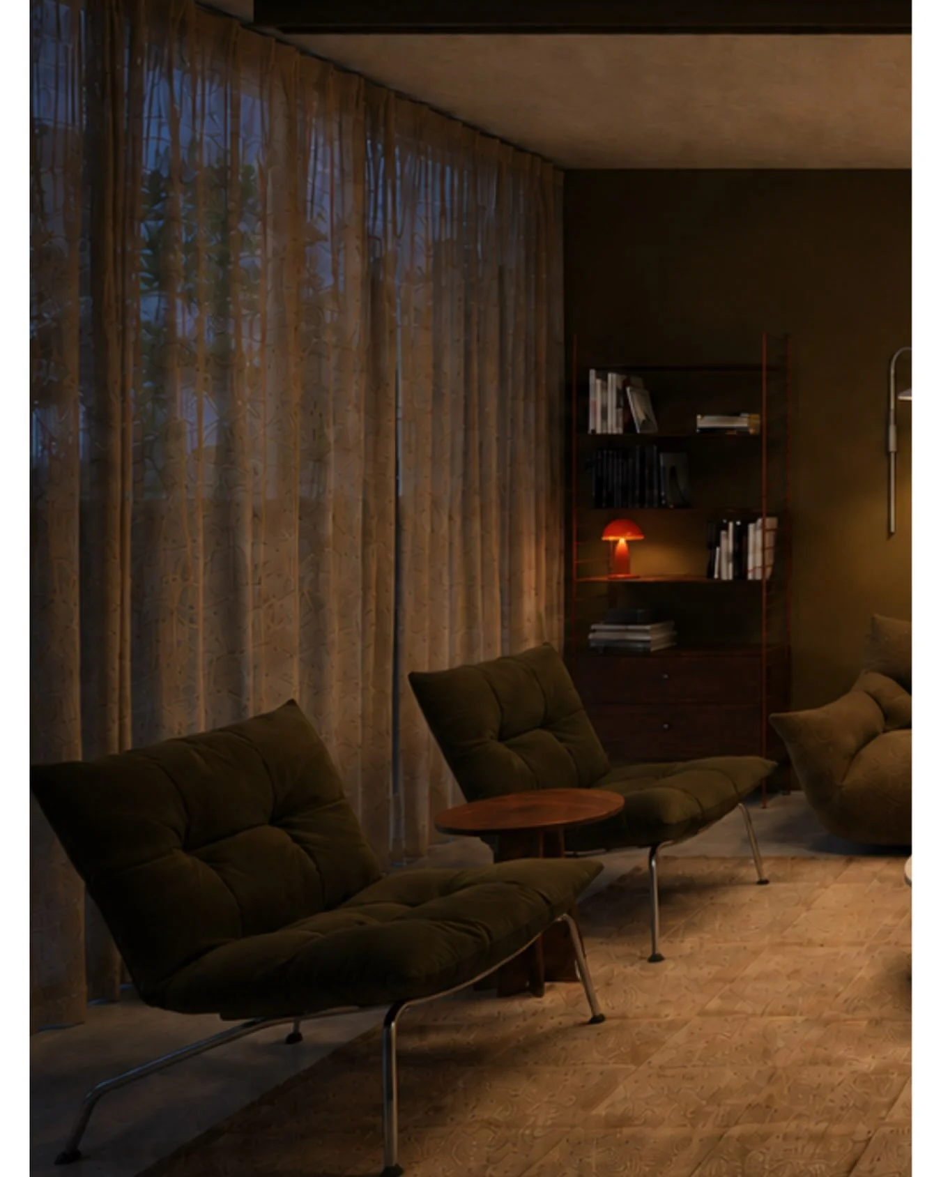 The lighting scheme was designed to give the room a completely different character at night.

With the existing concrete soffit, we had to work carefully with the electrical points already available. A new painted timber &lsquo;spine&rsquo; was intro