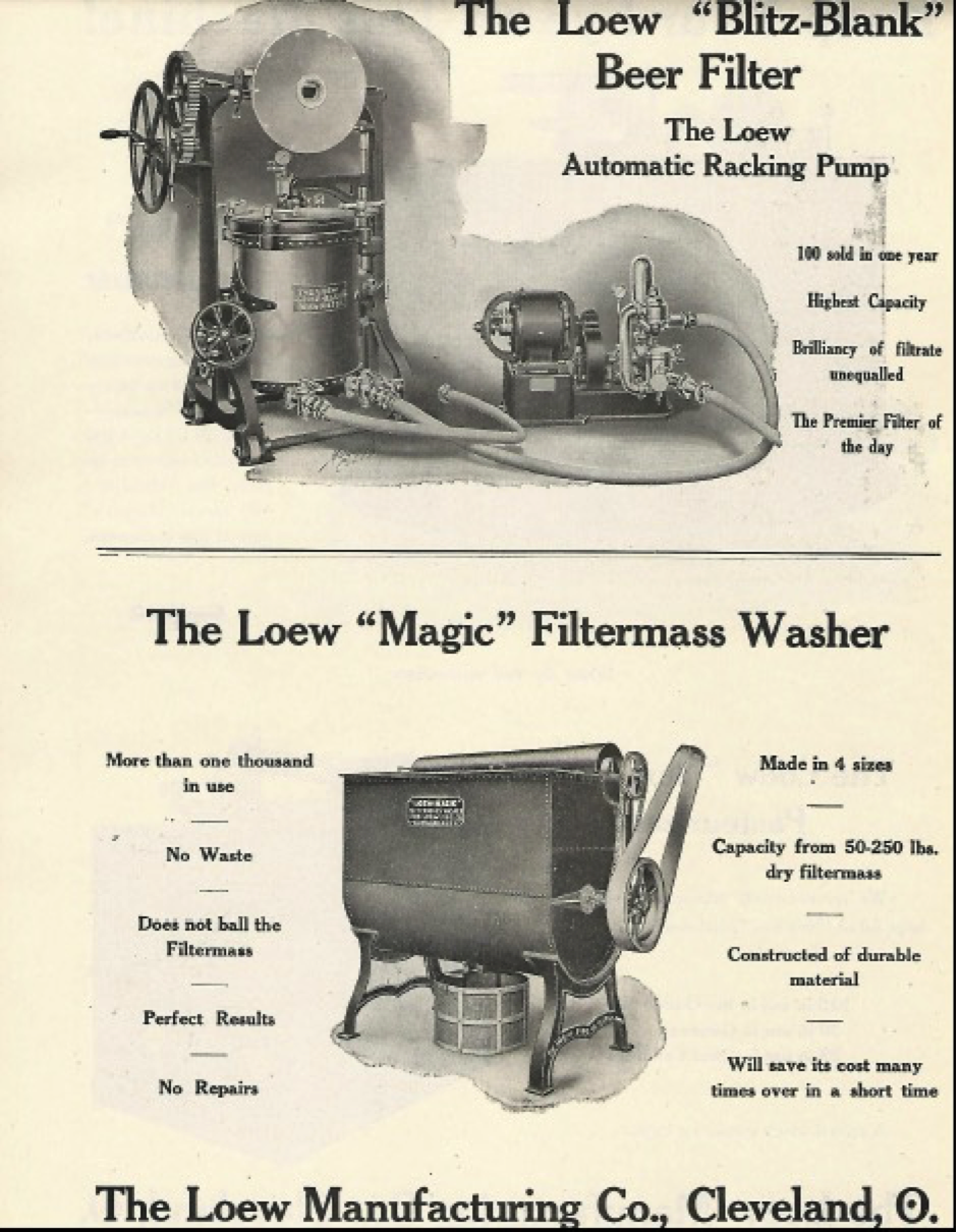 The Lowe Manufacturing Company seemed to specialize in filtering, cleaning, sanitization and pasteurization of beer and brewing equipment and associated brewing supplies. They were a consistent advertiser of their products.