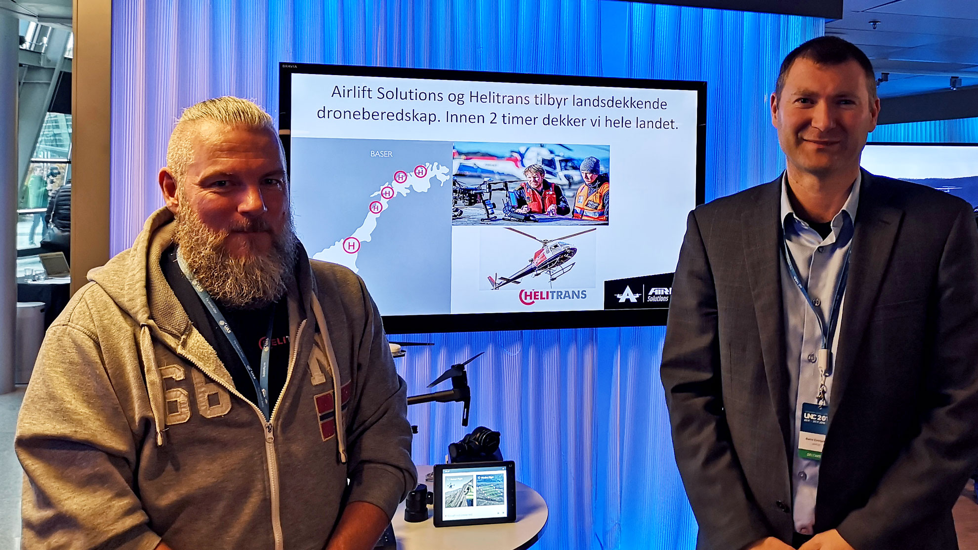 Airlift Solutions og Helitrans har inngått et samarbeid for å bli landsdekkende på droneberedskap. Her på Telenor EXPO 23. november.