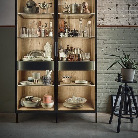 Show off! Modern display cabinet with beautiful oak interior and LED lighting. 
#glassdisplay #displaycabinet #dresser #modernkitchens #kitchendesign #noeldempsey