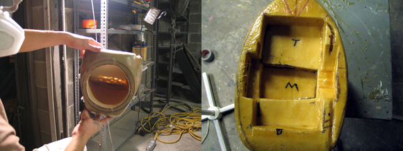 The sub enclosure's sub port (left) and back surface, crossover section deepest and amplifier section on top.