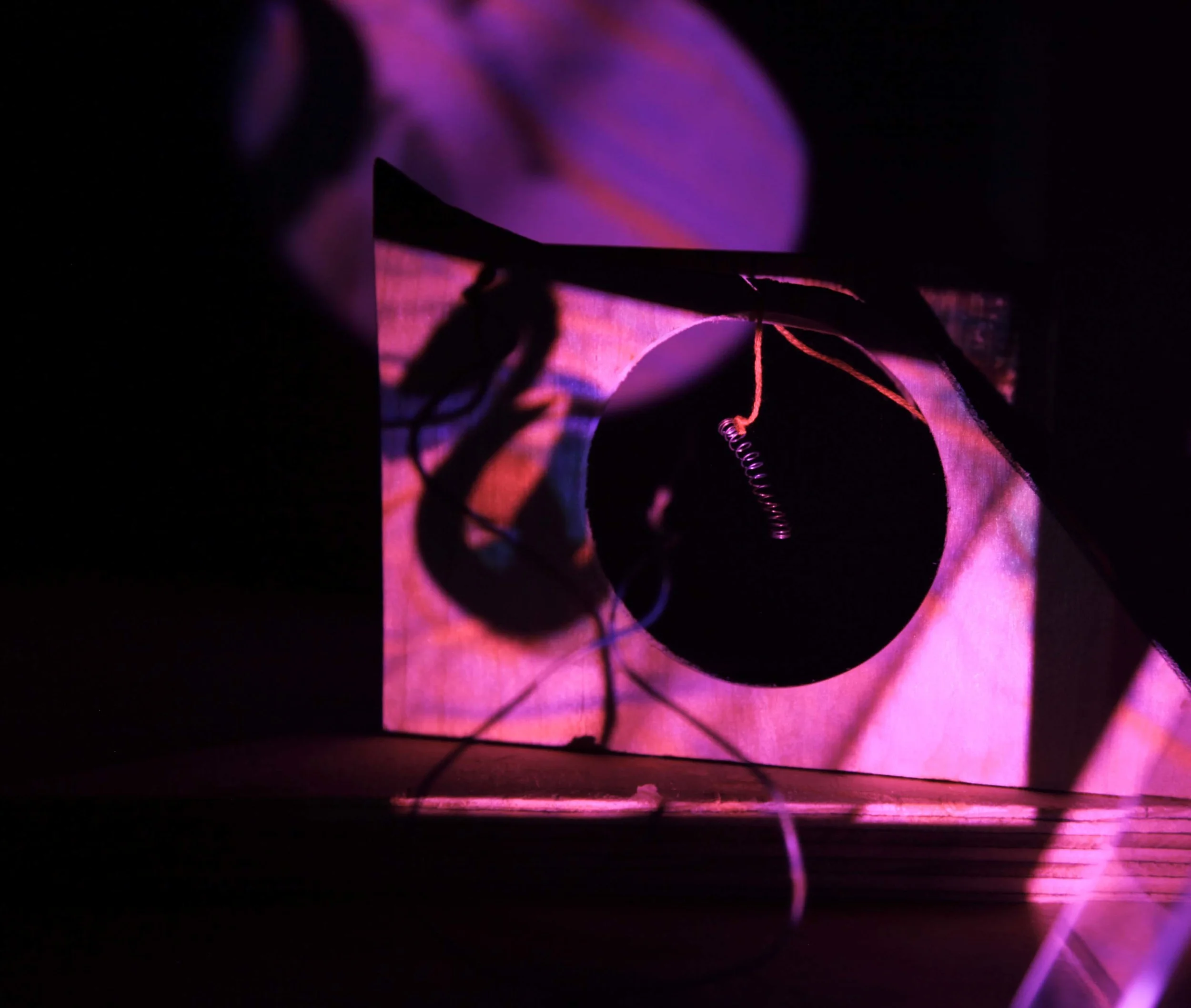 Detail. Philosophy Machine, 24 x 36 x 24.” Wood, string, metal, glass, plexiglass, glue, digital video, projector (2013) this album: selected kinetic works from the series Early Influences