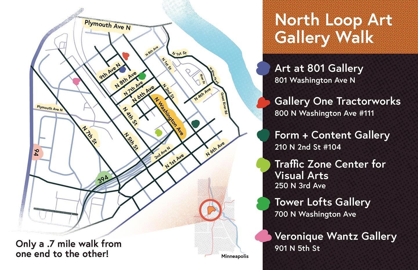 Here&rsquo;s your map for the North Loop Neighborhood Art Walk coming May 11 6-10pm! Six art galleries and all the restaurants, bars, and shops of the North Loop!

Last October, five galleries located in the North Loop neighborhood hosted the first e