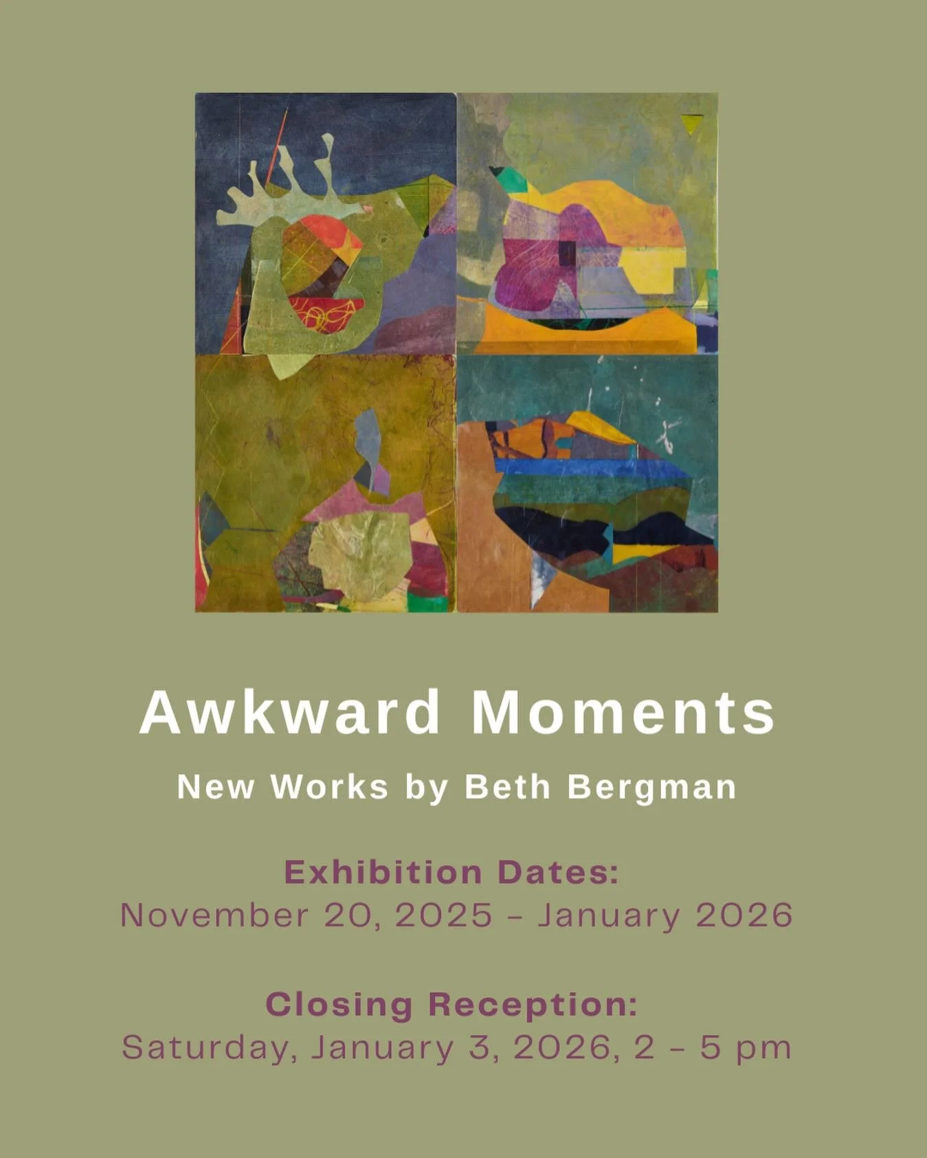 If you have not gotten a chance to see, &ldquo;Awkward Moments,&rdquo; by @beth.bergman this is the time! Please join Beth in the gallery on January 3rd, from 2pm to 5pm, celebrating her exhibition with a closing reception. Free and open to the publi