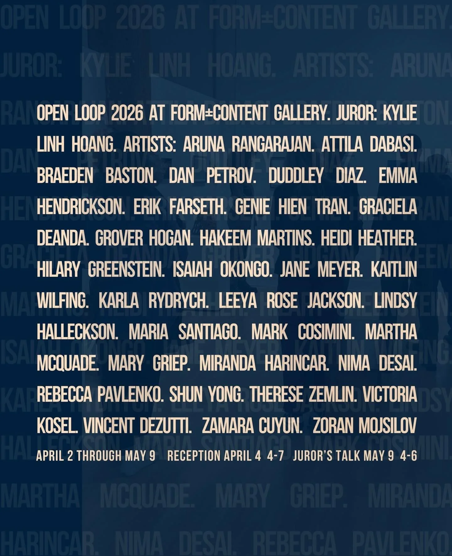 OPEN LOOP 2026 with Juror, Kylie Linh Hoang

Form+Content Gallery is pleased to present the Second Biennial Open Loop, an open call group exhibition juried by Kylie Linh Hoang, and featuring compelling work from 32 Minnesota-based artists. The galler