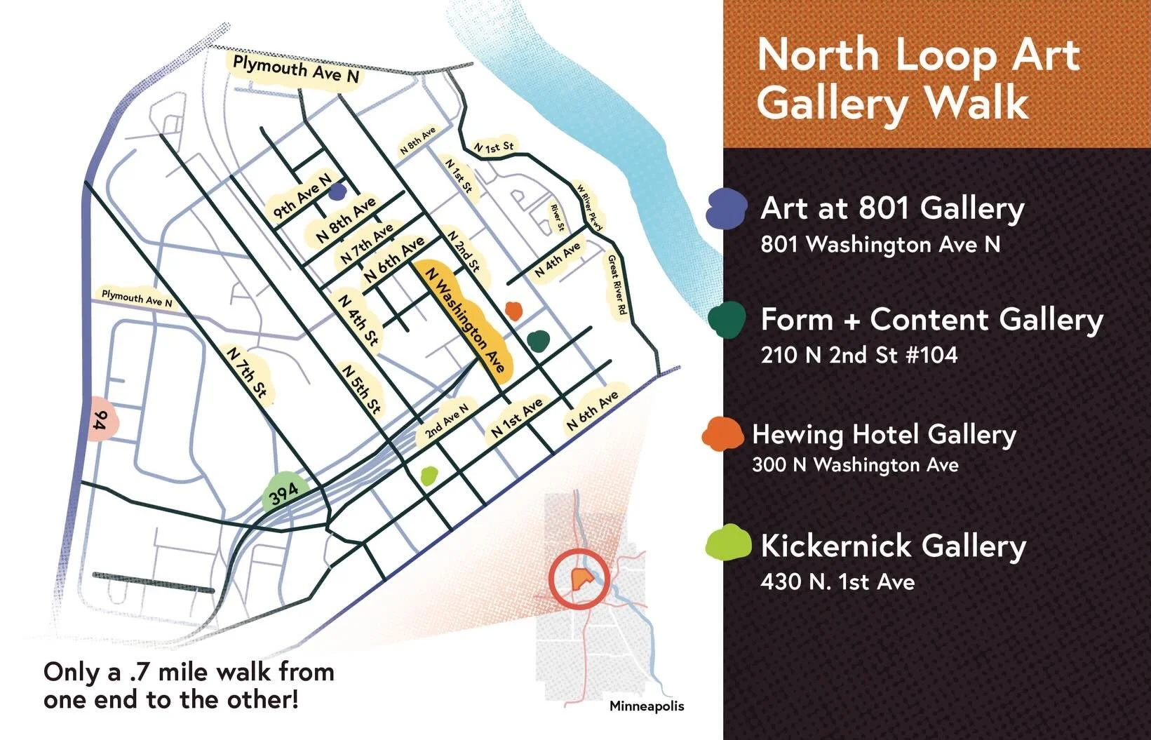 Mark your calendars! Thursday, June 11, 5pm to 8 pm, is the North Loop Art Gallery Walk. 

The North Loop Art Gallery Walk is free and sponsored by the North Loop Neighborhood Association. Feel free to stroll through the following galleries and enjoy