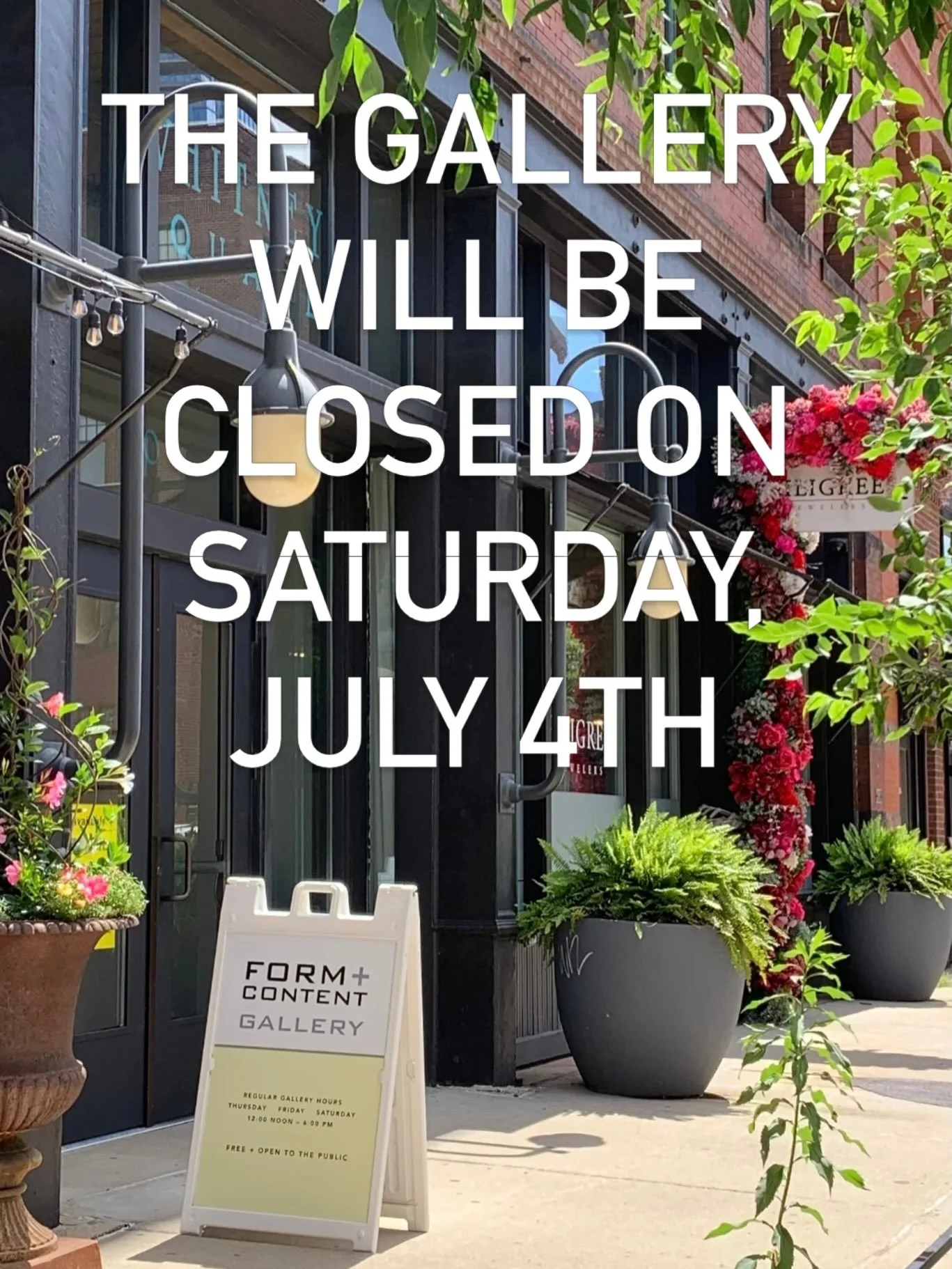 Form + Content Gallery will be closed on Saturday, July 4th. 

The gallery will, however, be open normal hours on Friday, July 3rd, from noon to 6pm. Please join us! Free and open to the public.