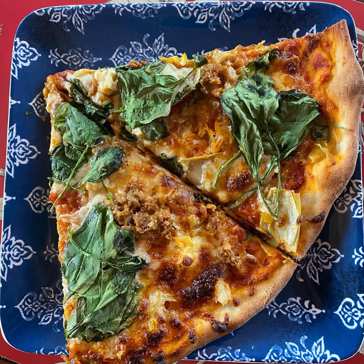 Pizza party [part whole wheat crust with artichoke, pepperocini, spinach, @beyondmeat sausage, spinach, mozz, parm, tomato sauce]
.
.
Mix 2 1/4 tsp (1 packet) instant yeast with 1 tablespoon sugar and 1 and 1/3 warm water (around it 100 degrees, what