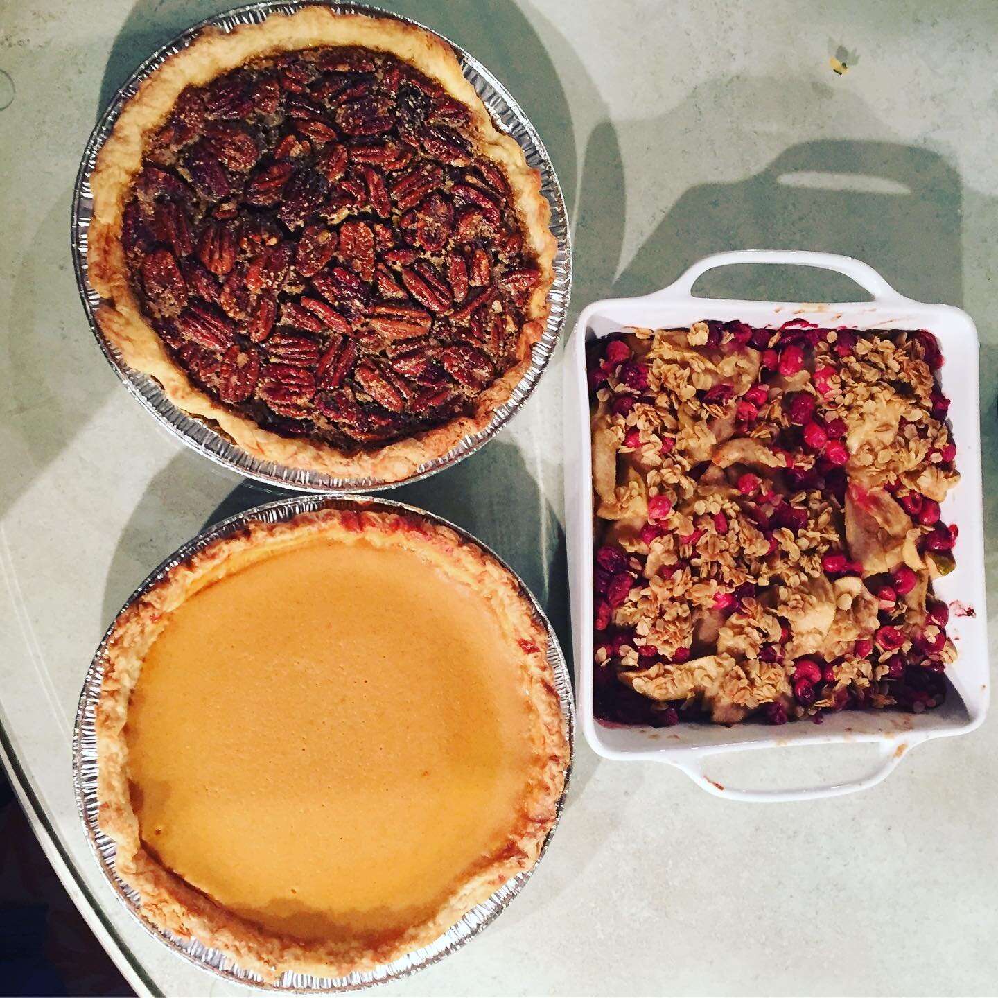 A thanksgiving trio [maple pecan, pumpkin, pear cranberry pies]