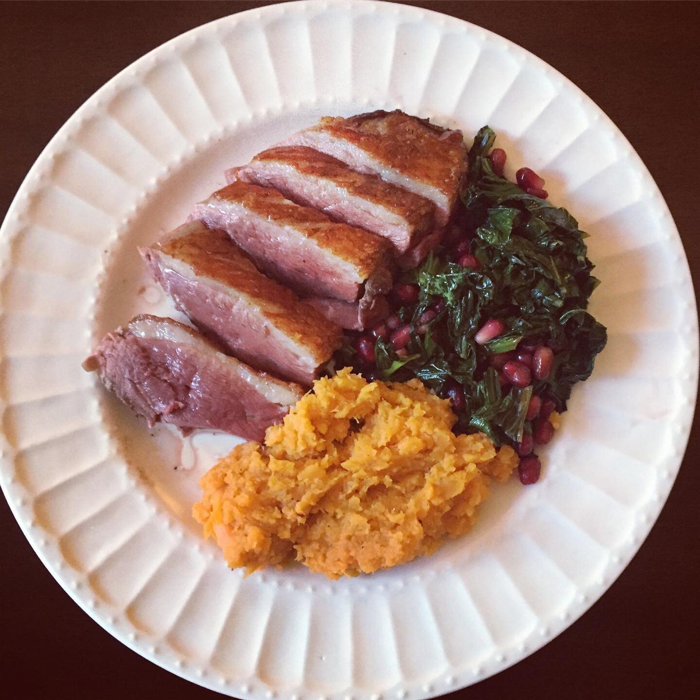 Mondays deserve a reward [duck breast, pomegranate white wine bok choy, sweet potato]