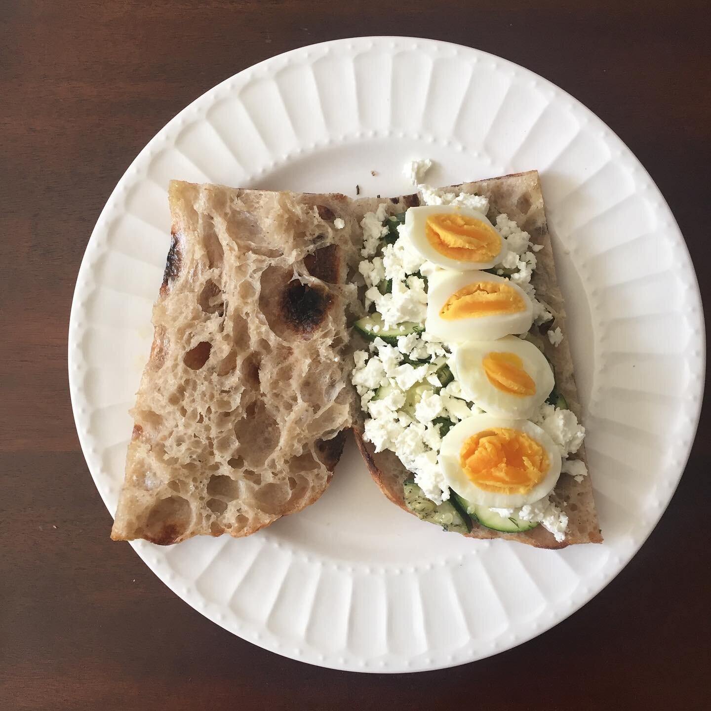 I only post egg sandwiches now (Beautiful Pizza Bianca focaccia from @leonellinyc, fresh Bulgarian feta from @kalustyans, saut&eacute;ed zucchini with garlic and dill)