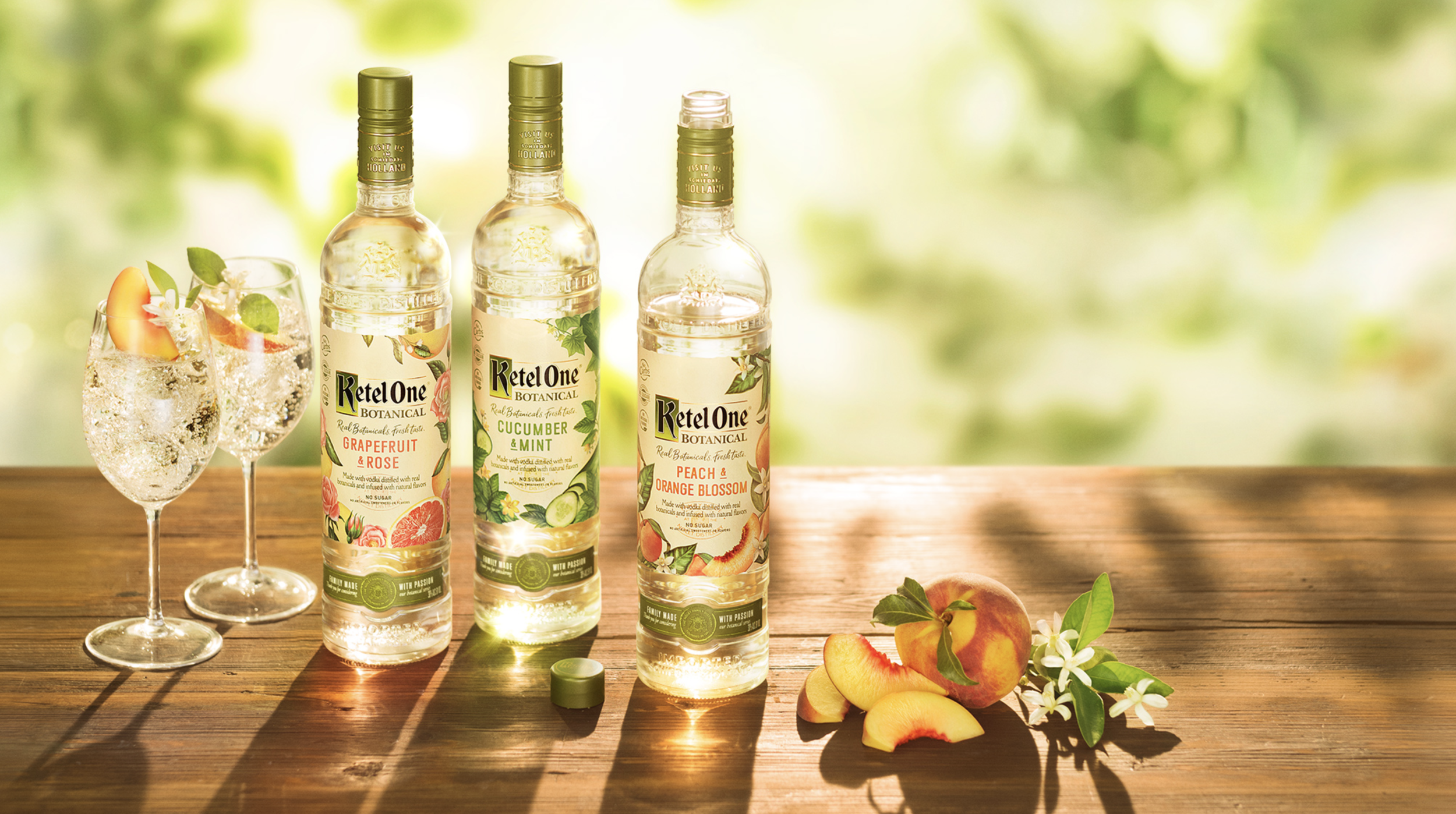  Introducing new Ketel One Botanical, vodka distilled with real botanicals and infused with natural fruit essences. The design intent was to create a warm and inviting world that felt fresh, real and with an element of considered imperfection.  The a