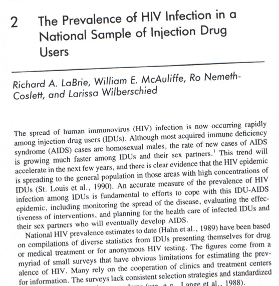 The Prevalence of HIV Infection in a National Sample of Injection Drug Users