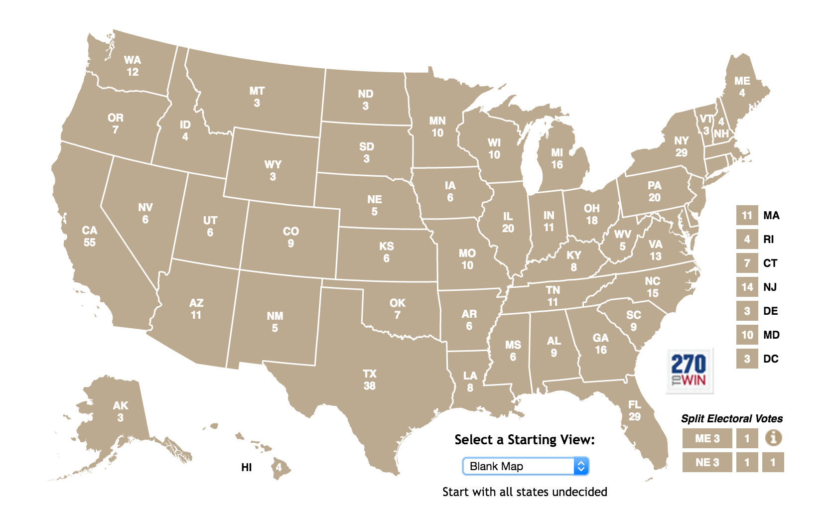 Electoral votes by state, 2016. Courtesy of 270towin.com