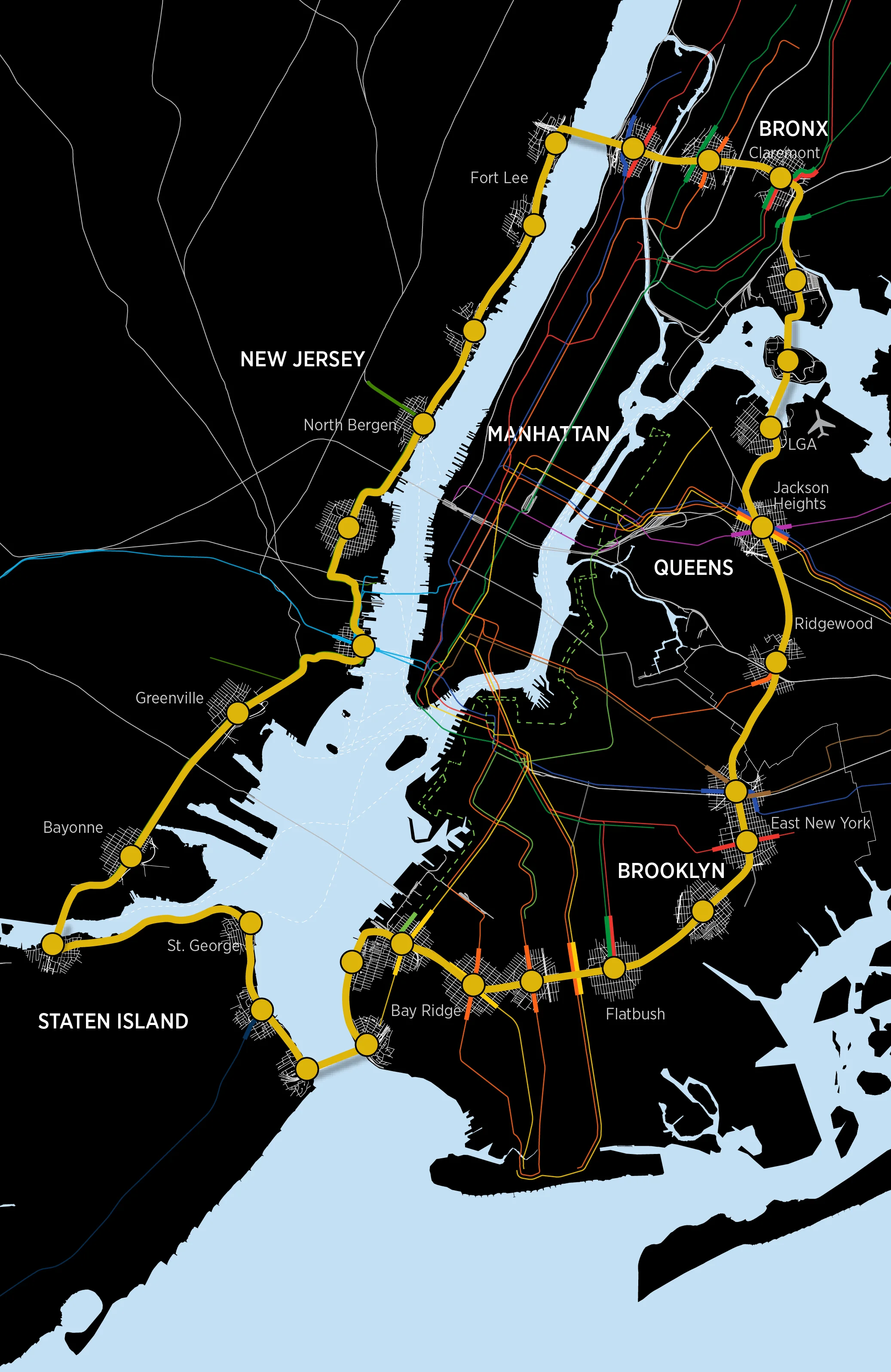 An elevated mass transit line connecting all 5 boroughs and New Jersey. The line would reach the marginalized and underserved communities of South Brooklyn and the south Bronx