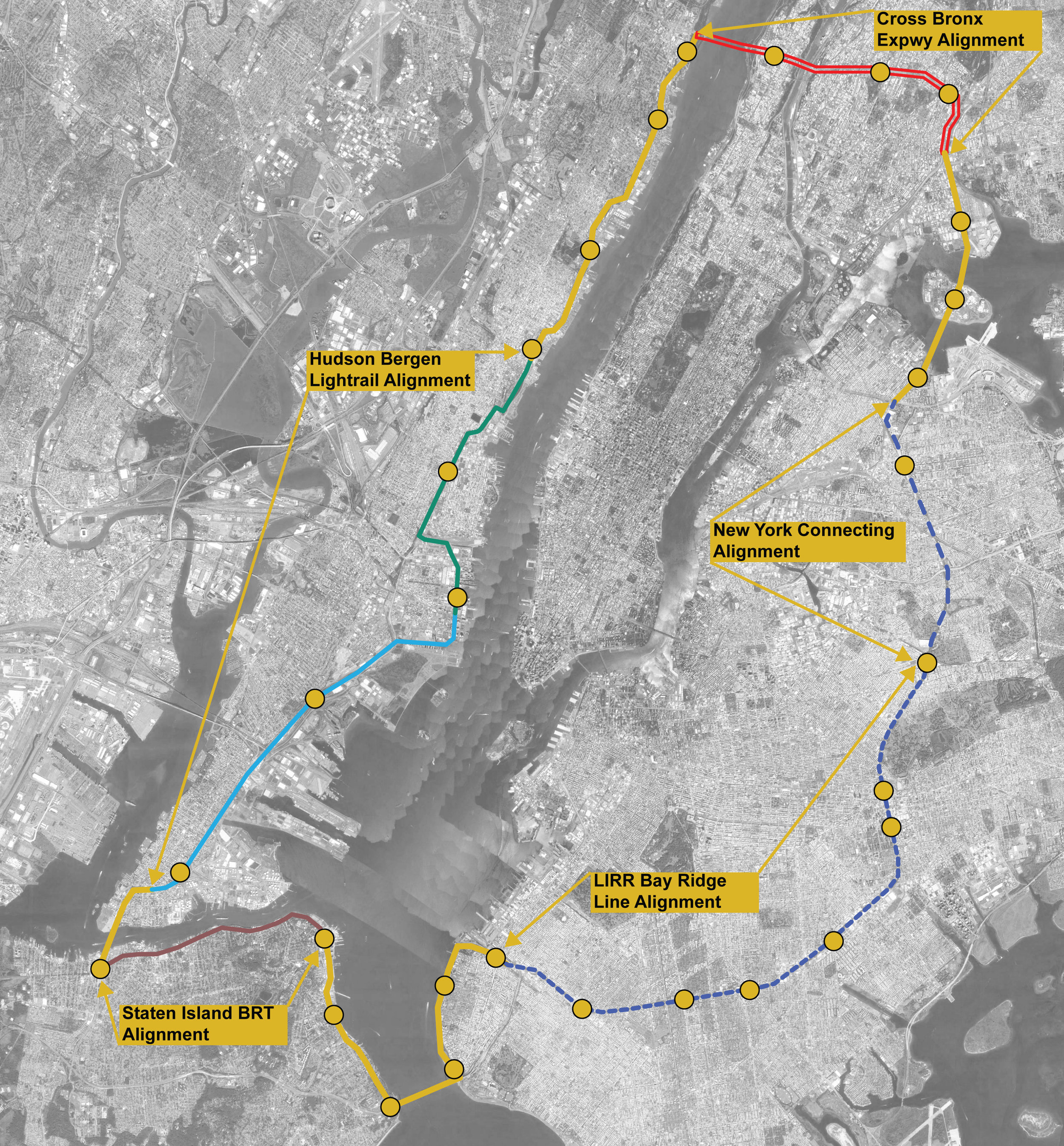 The proposed line would join, align with, and use the right of way of various transit lines in the metro region