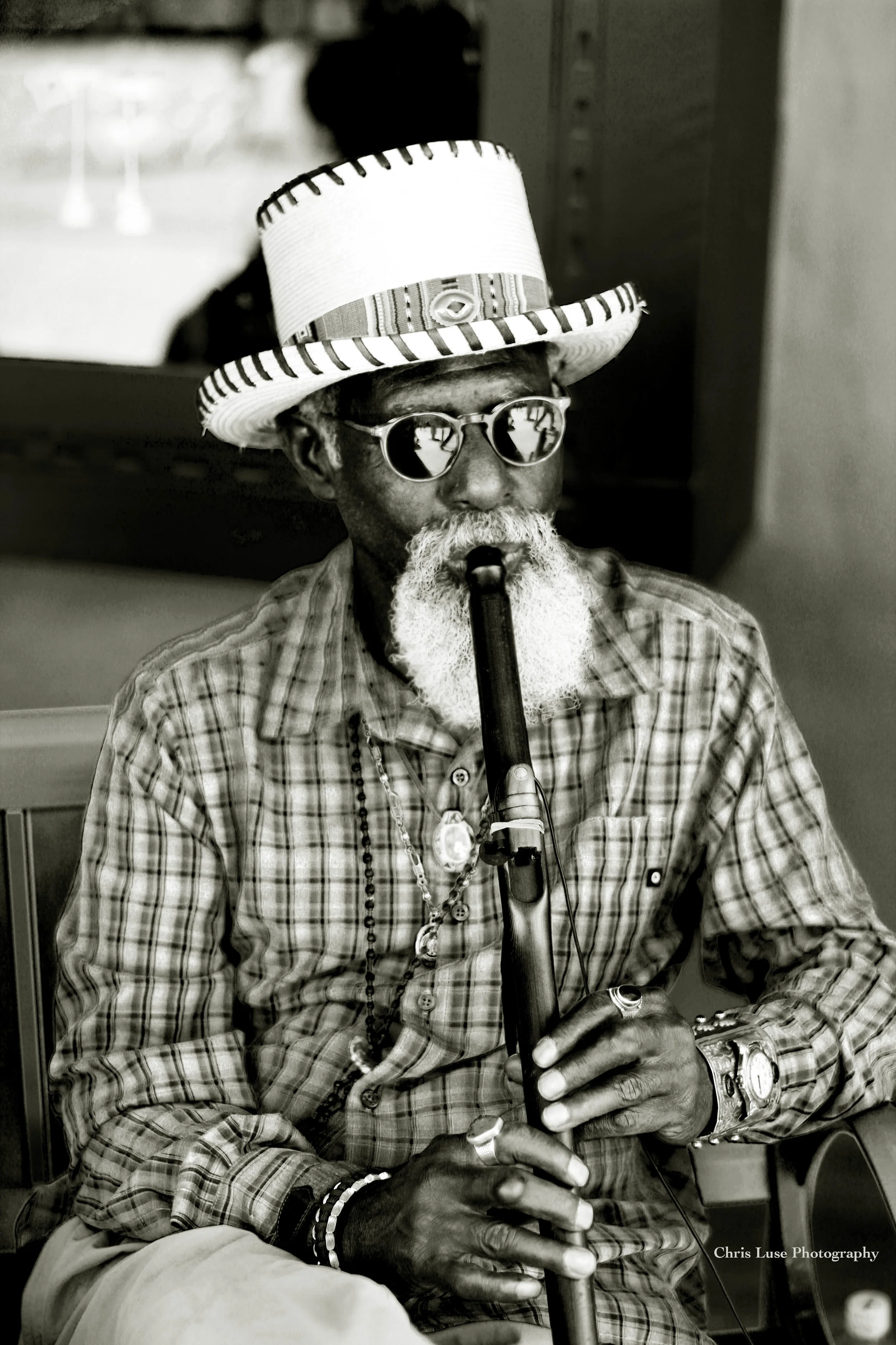 "Man and his flute Santa Fe NM" Silver Gelatin B&W Photo Toned In Tea $450