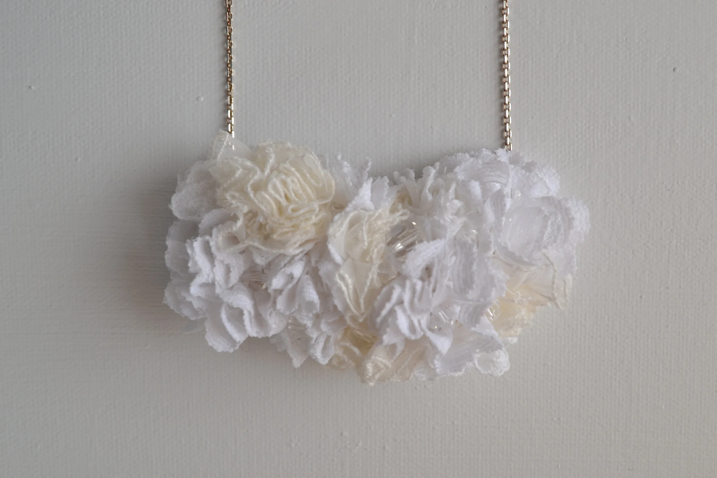 Bouquet style necklace from L.E.W. designs. Vintage white lace and crystals. Handmade. Click through for more information. (5).JPG