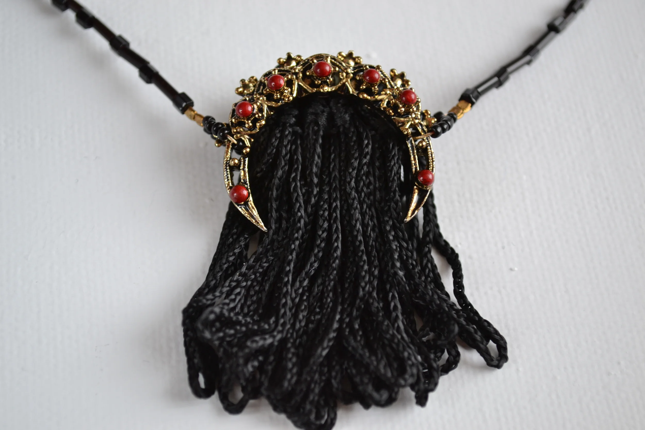 Fringe style necklace from L.E.W. designs. Black loop fringe with a vintage  adornment.  Handmade. Click through for more information. (3).JPG
