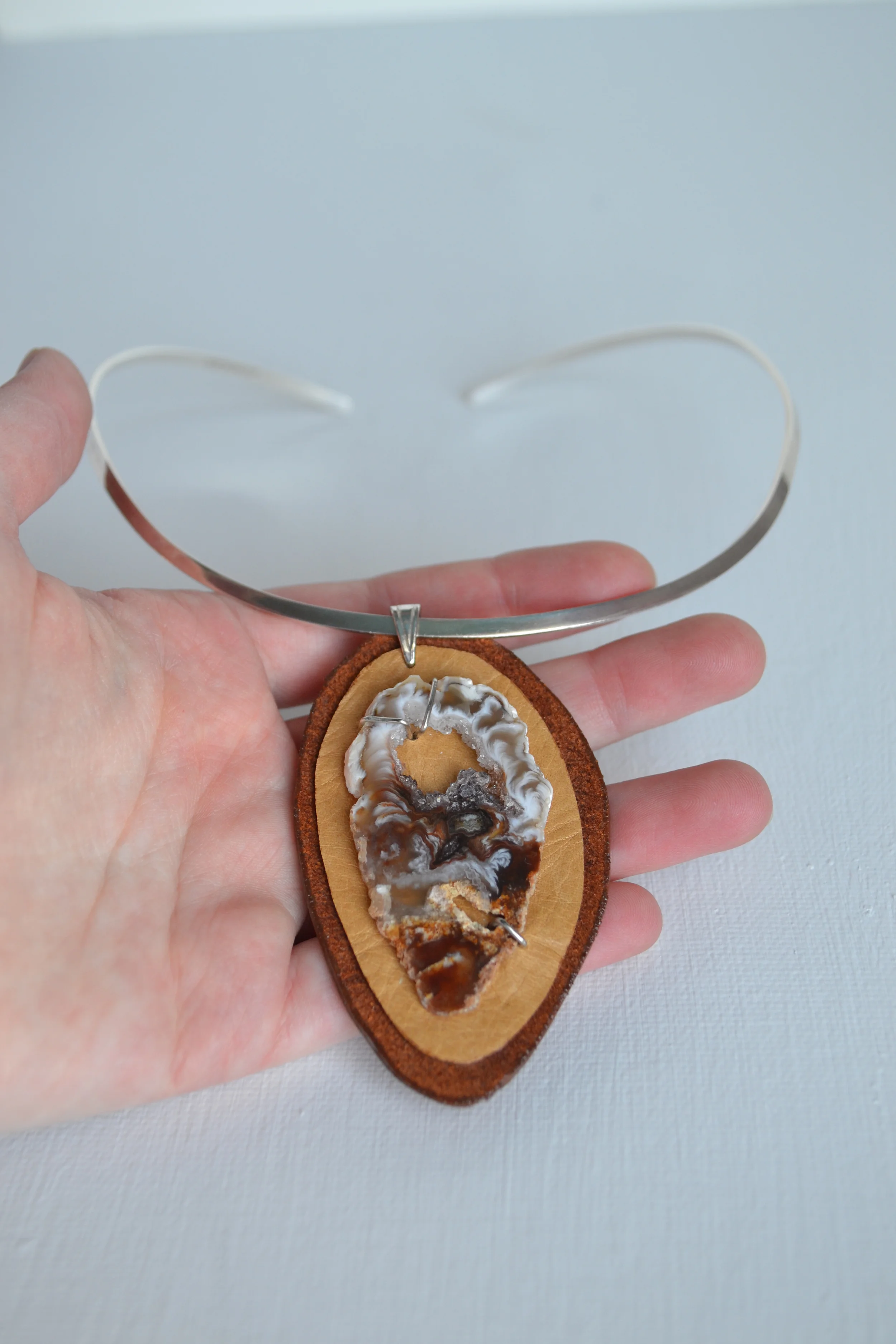 Agate Slice Pendant With Two Tones of Brown Leather,  With Sterling Silver. One-Of-A-Kind By L.E.W.designs.com.JPG