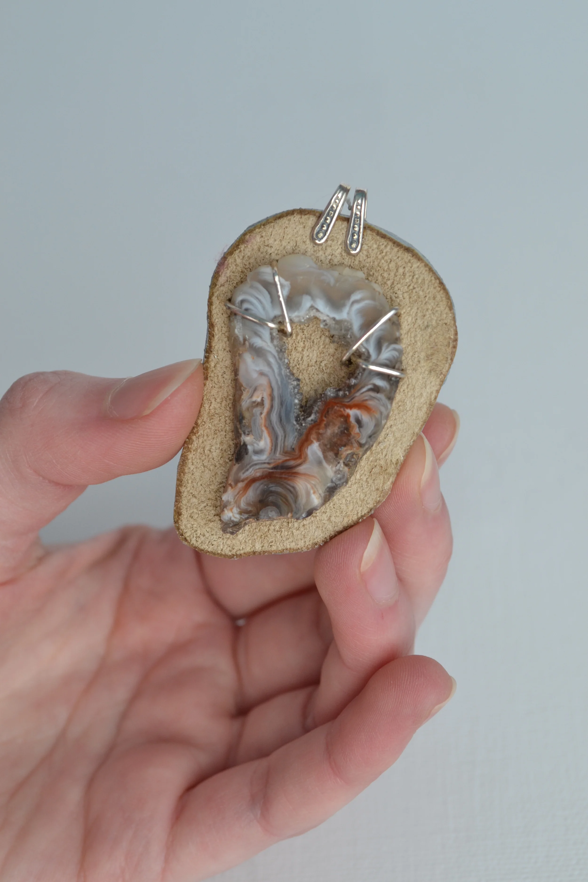 The Perfect, Tiny Pendant To Adorn Every Outfit, Everyday. Agate Slice With Soft Brown Suede. By L.E.W. designs - lewdesigns.com.JPG