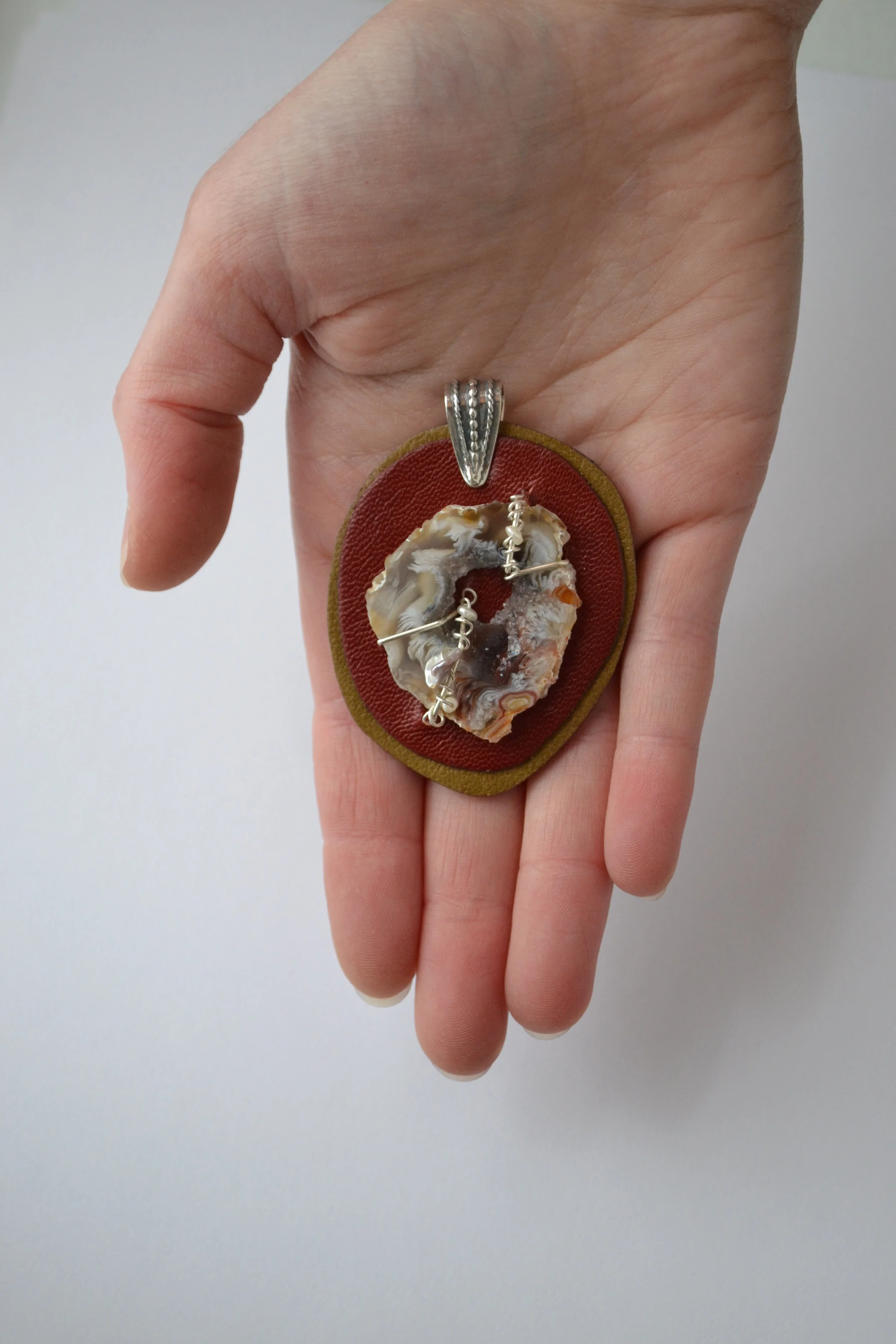 Slice Pendant by L.E.W. designs - Leather, Agate, Fresh Water Pearls and Sterling Silver.  lewdesigns.com.JPG