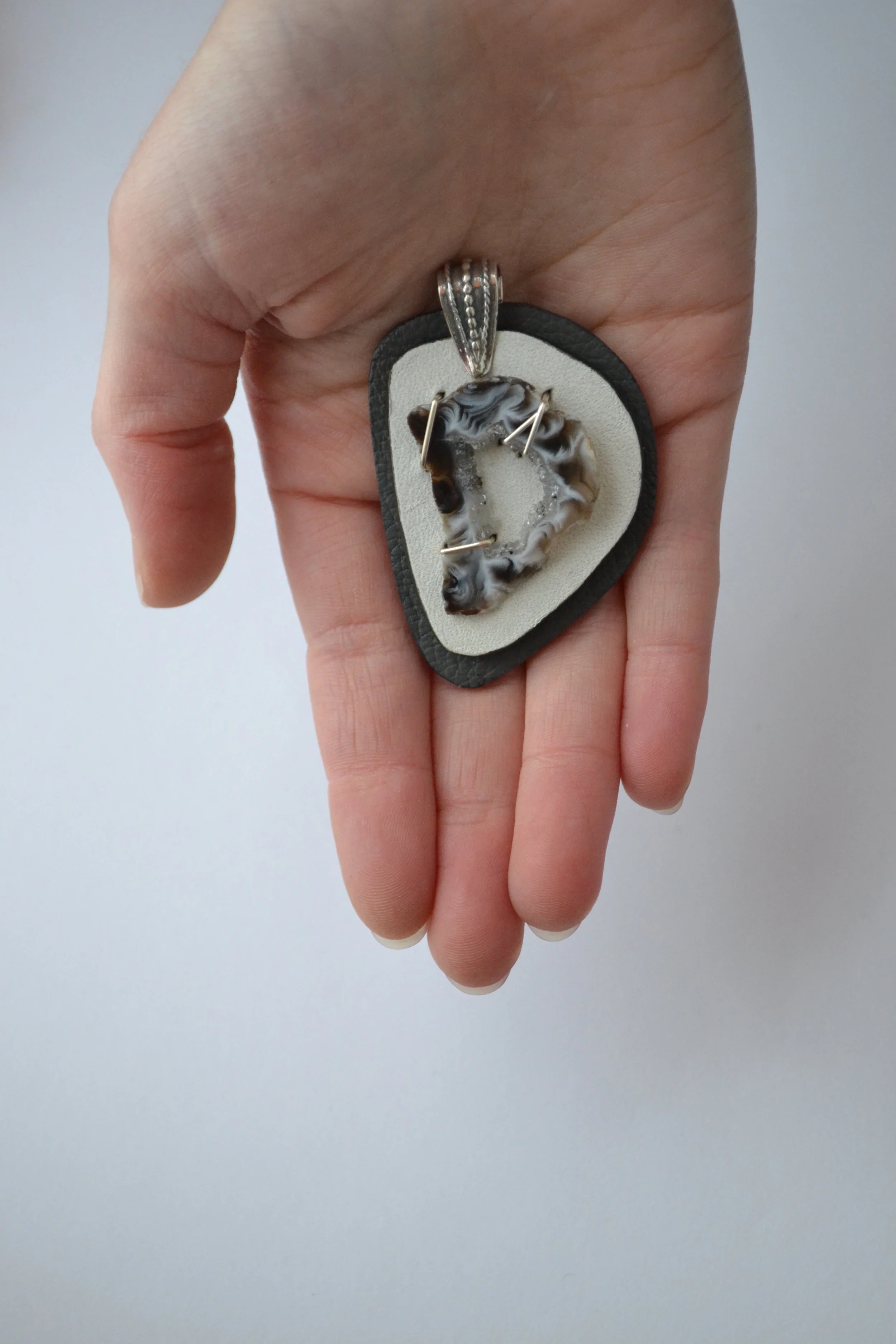 Slice Pendant by L.E.W. designs - Leather, Agate and Sterling Silver.  lewdesigns.com.JPG
