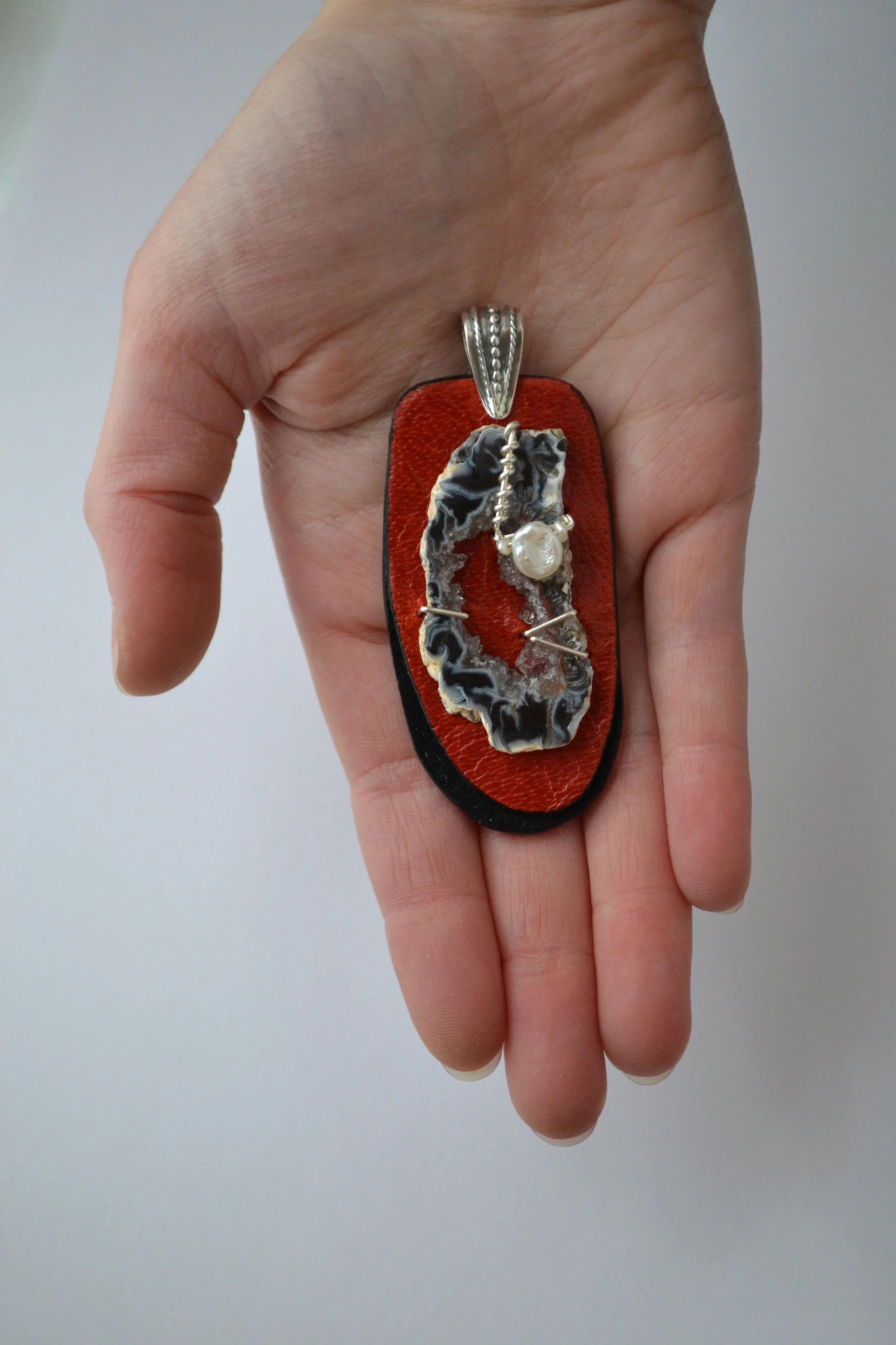 Slice Pendant by L.E.W. designs - Leather, Agate, Freshwater Pearls and Sterling Silver.  lewdesigns.com.JPG