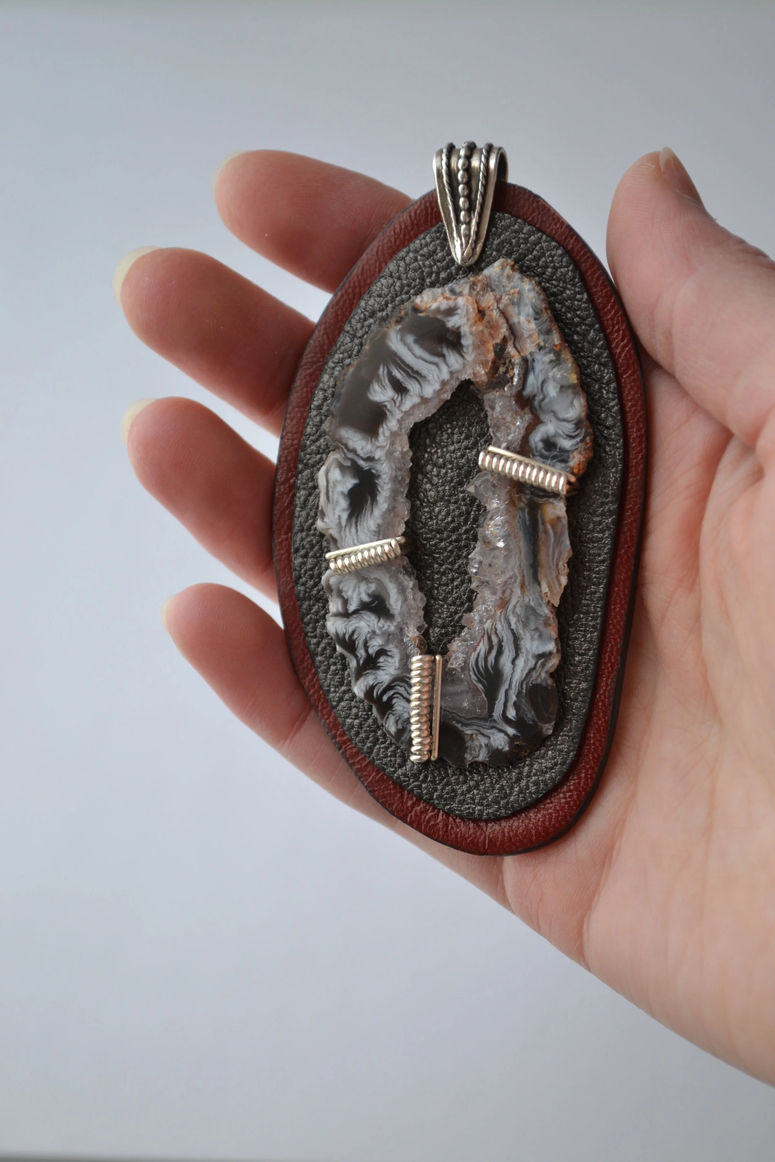 Slice Pendant, Handcrafted by L.E.W. designs -  Leather, Agate and Sterling Silver.  lewdesigns.com.JPG