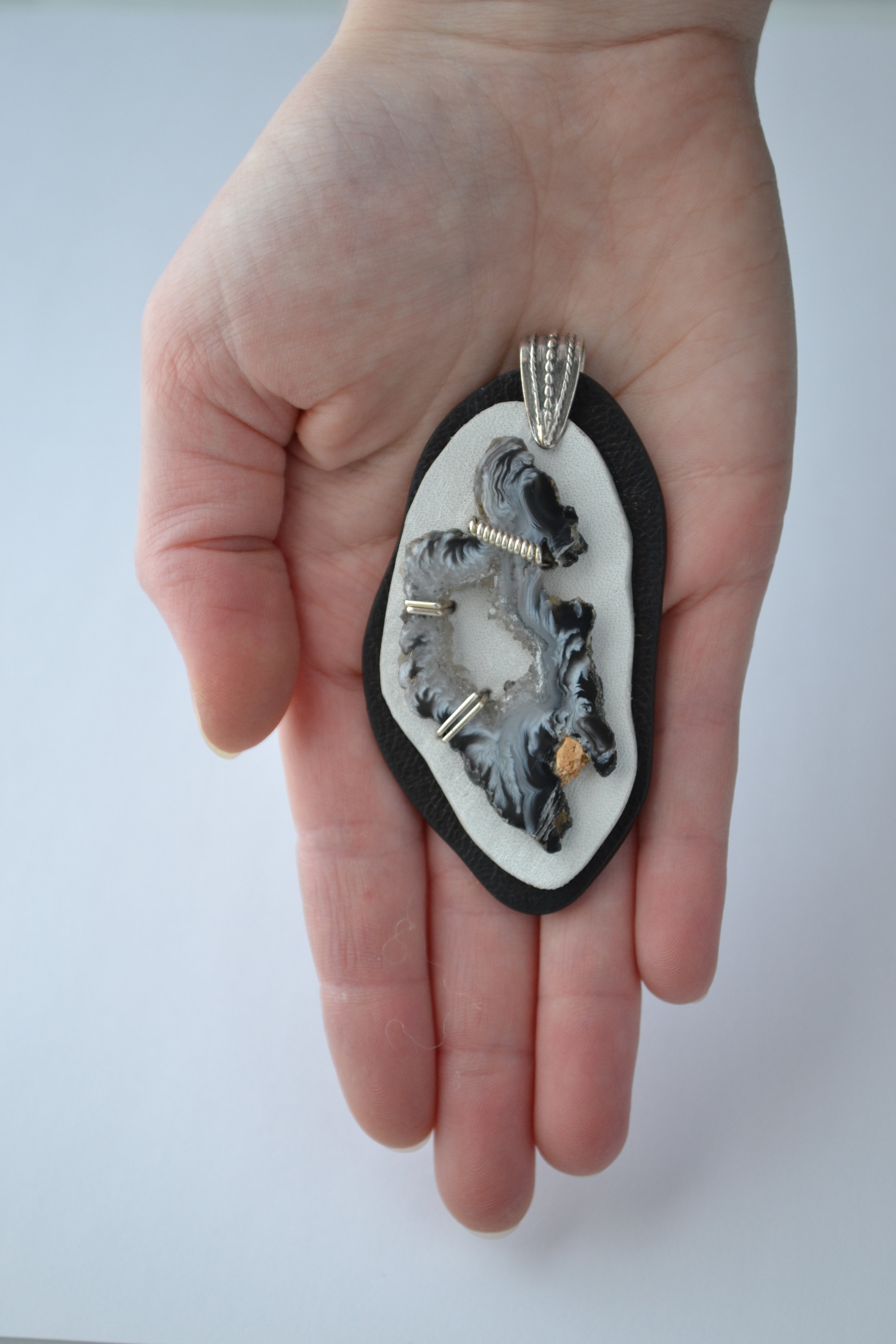 Slice Pendant, Handcrafted by L.E.W. designs - Leather, Agate and Sterling Silver -  lewdesigns.com.JPG